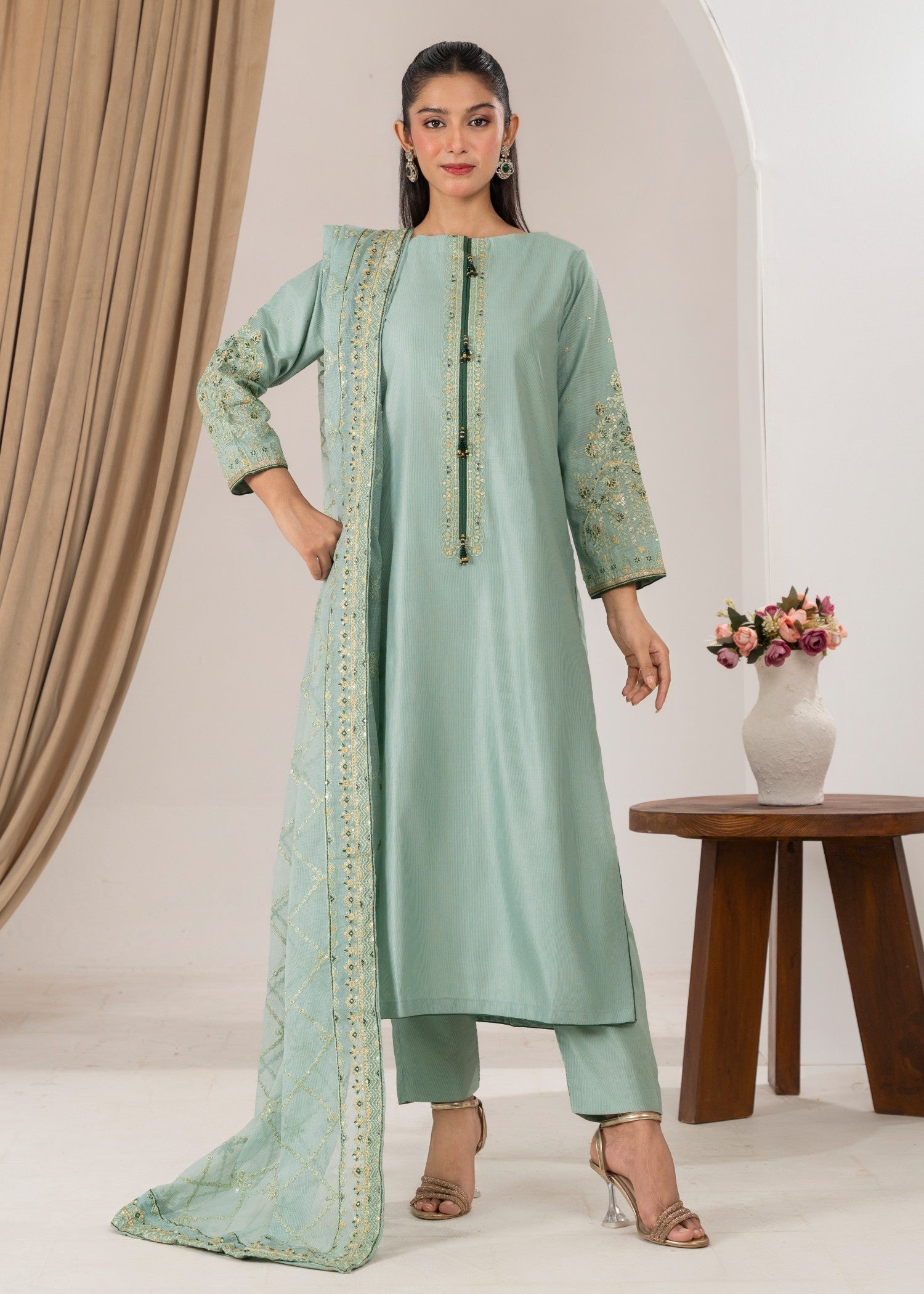 chambray Kurta Set in Moss green