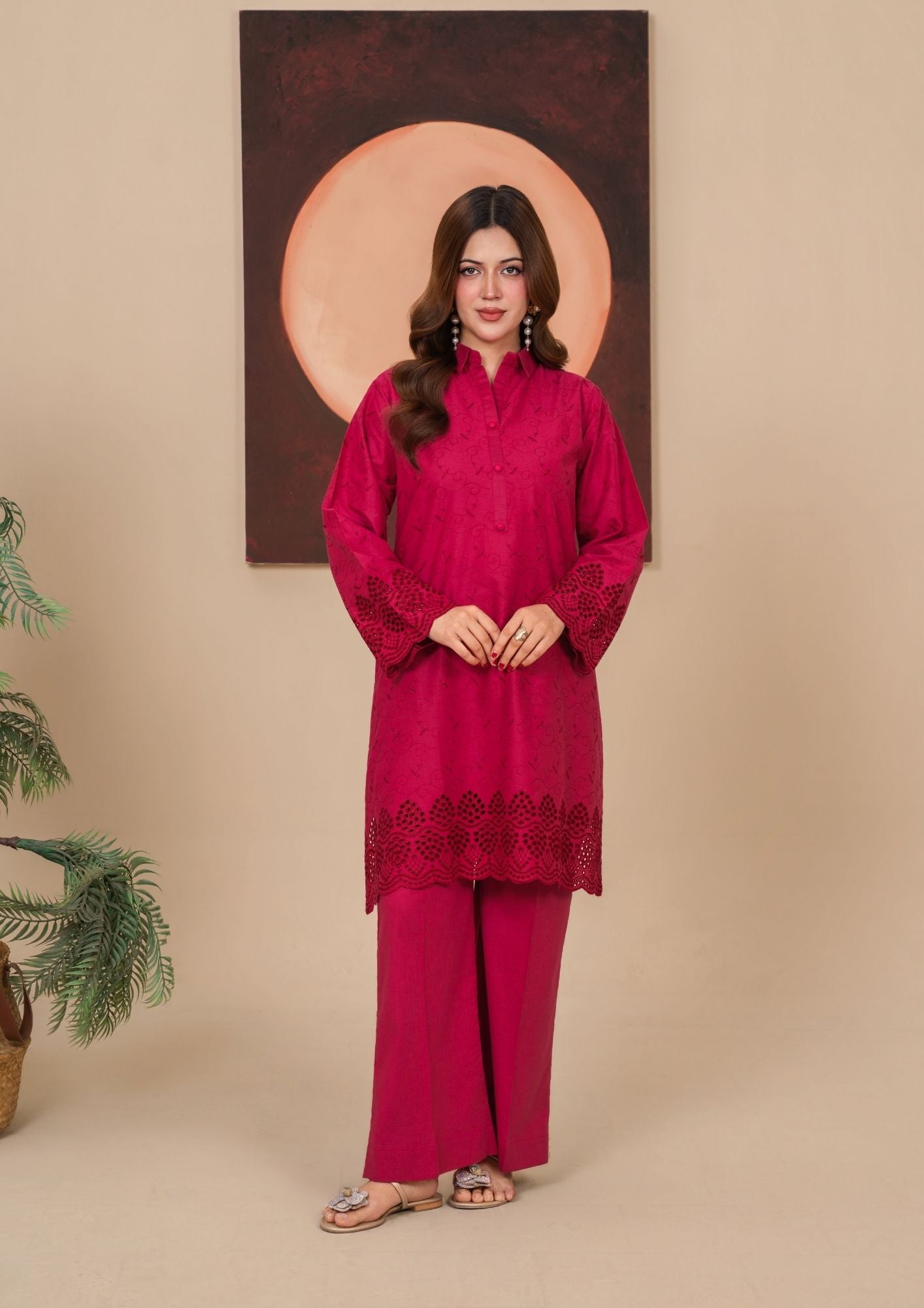 cambric Kurta Set in Rose red