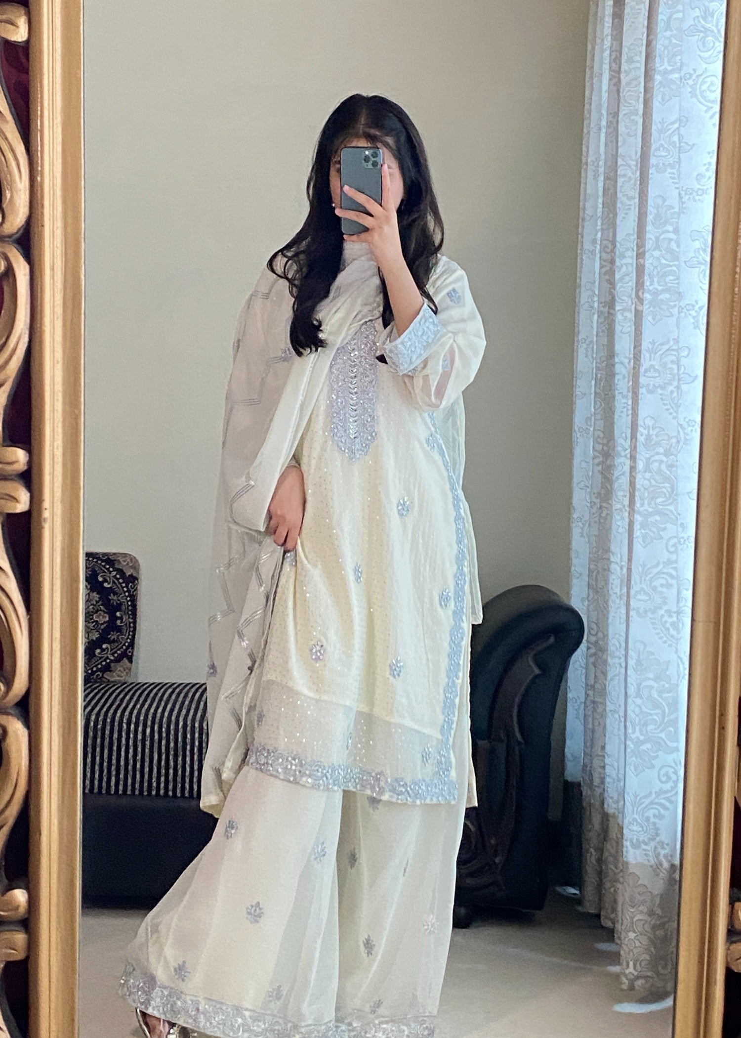 chiffon Kurta Set in Cream