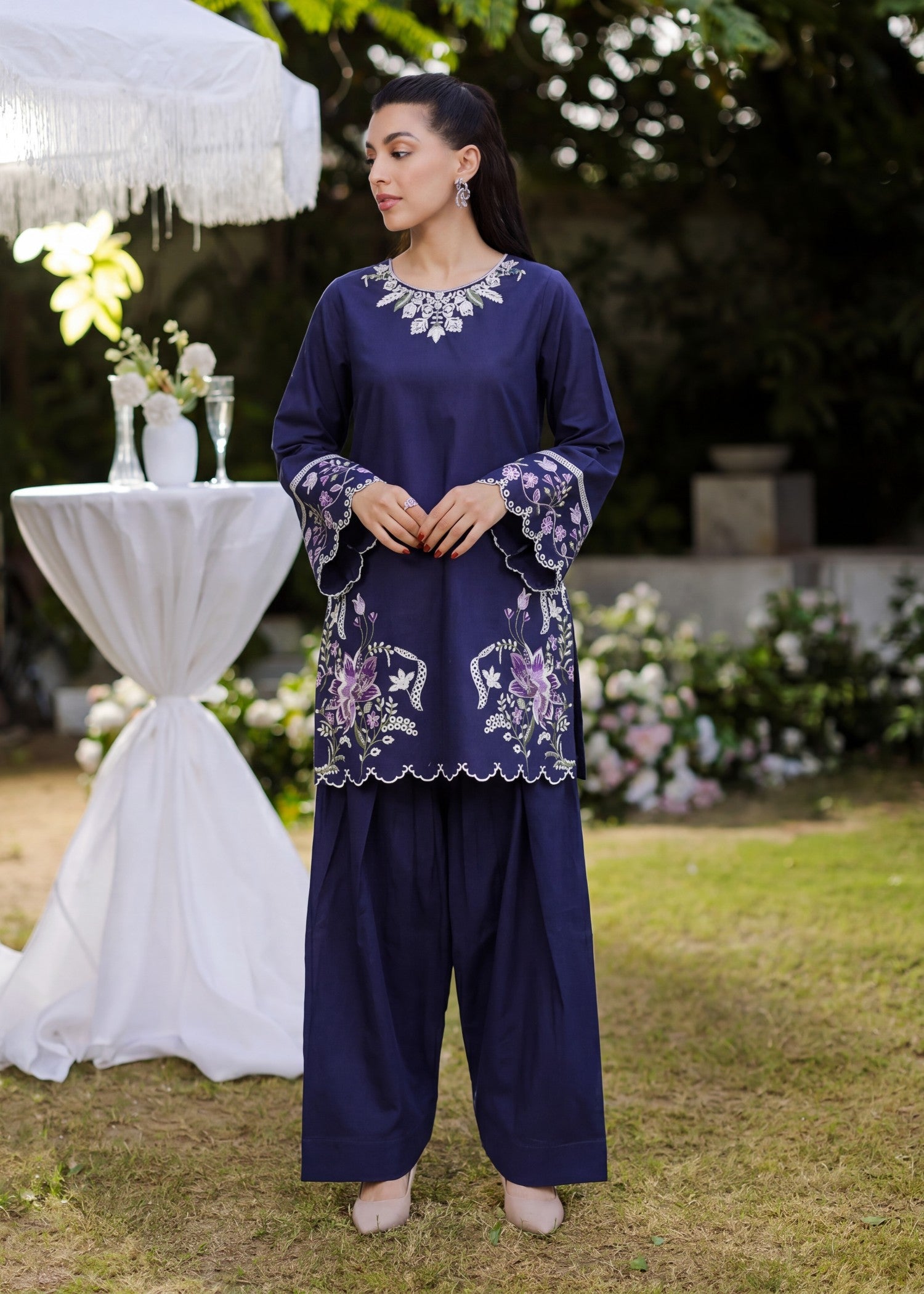 lawn Kurta Set in Navy blue
