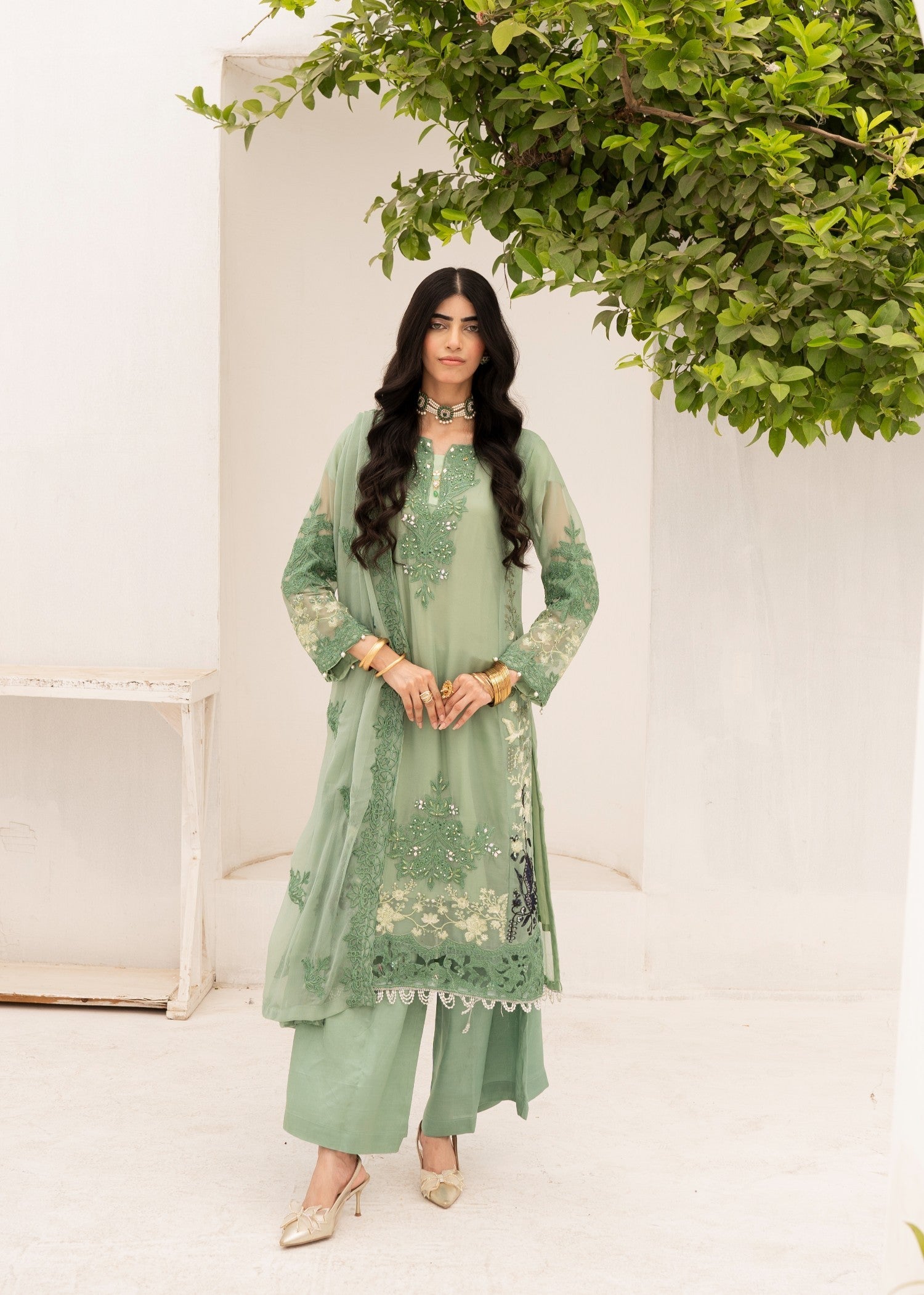 chiffon Kurta Set in Pistachio green