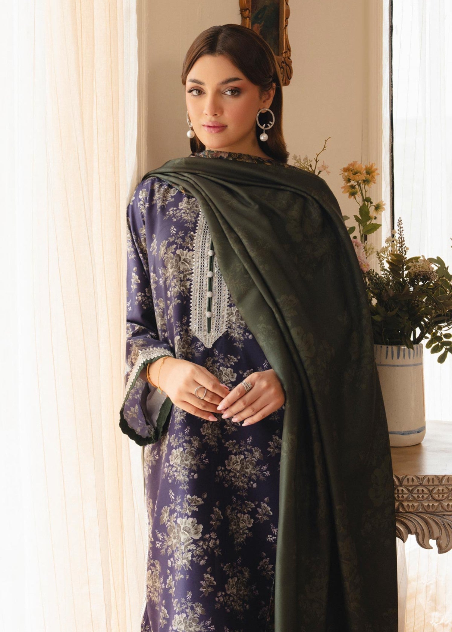 twill khaddar Kurta Set in Avocado green, deep purple