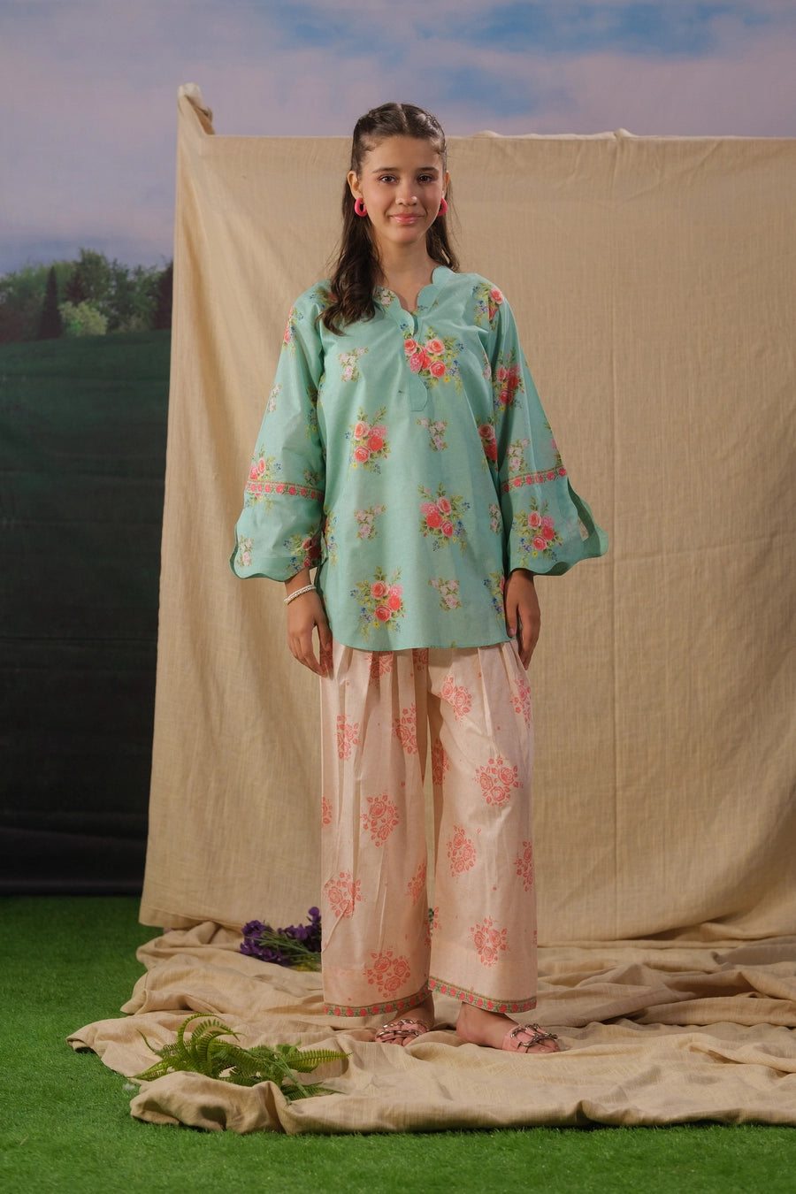 lawn cotton Kurta Set in Aquamarine