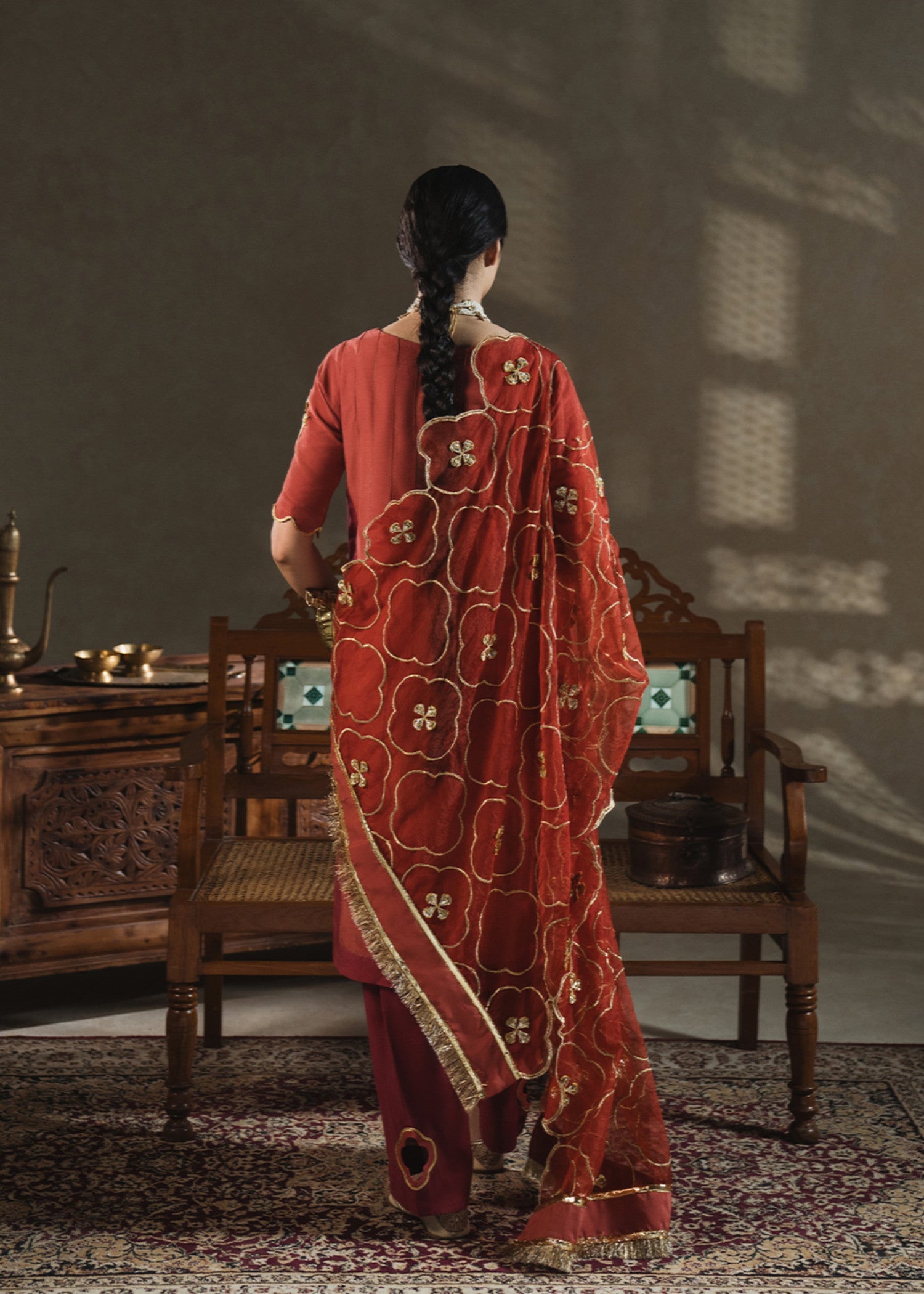 raw silk Kurta Set in Coral red