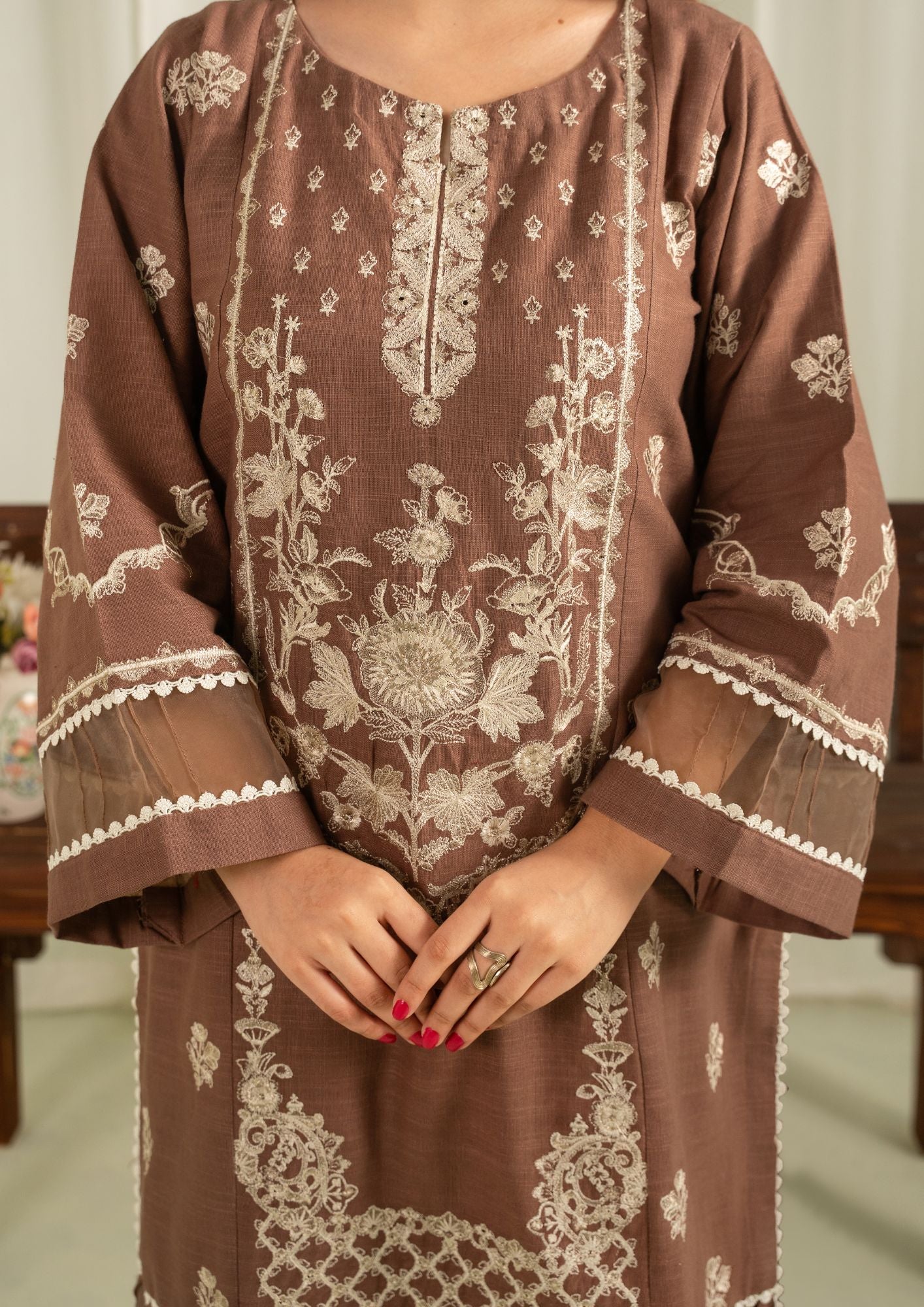 khaddar Kurta Set in Beige, coffee brown