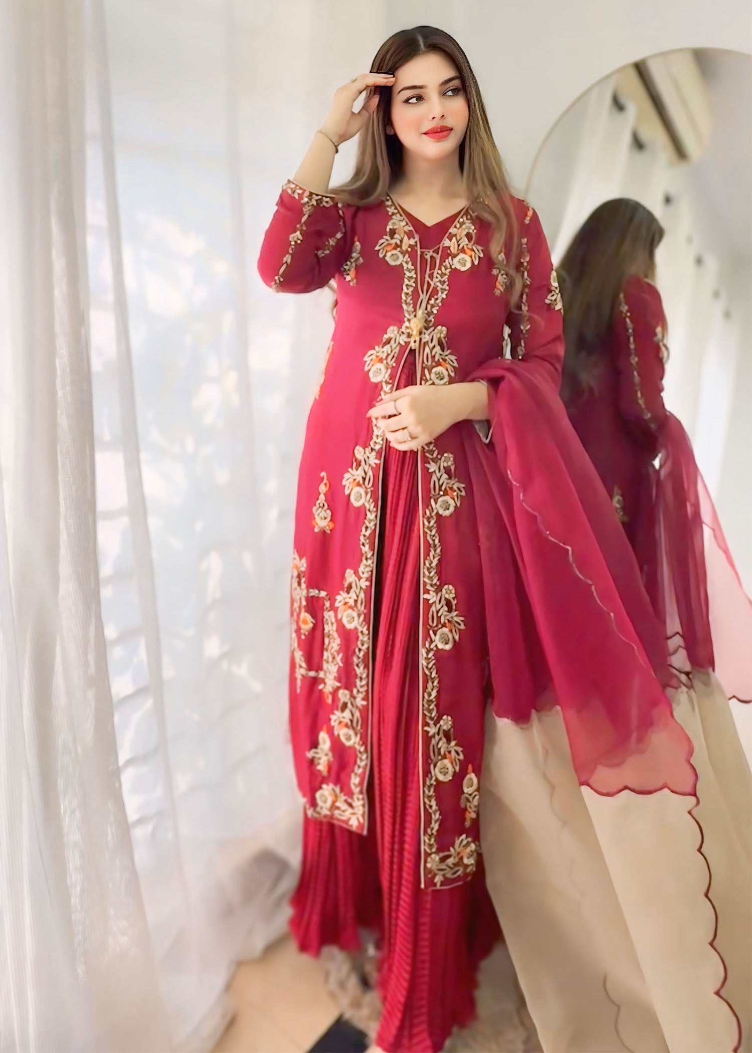 tussar silk Gown in Maroon