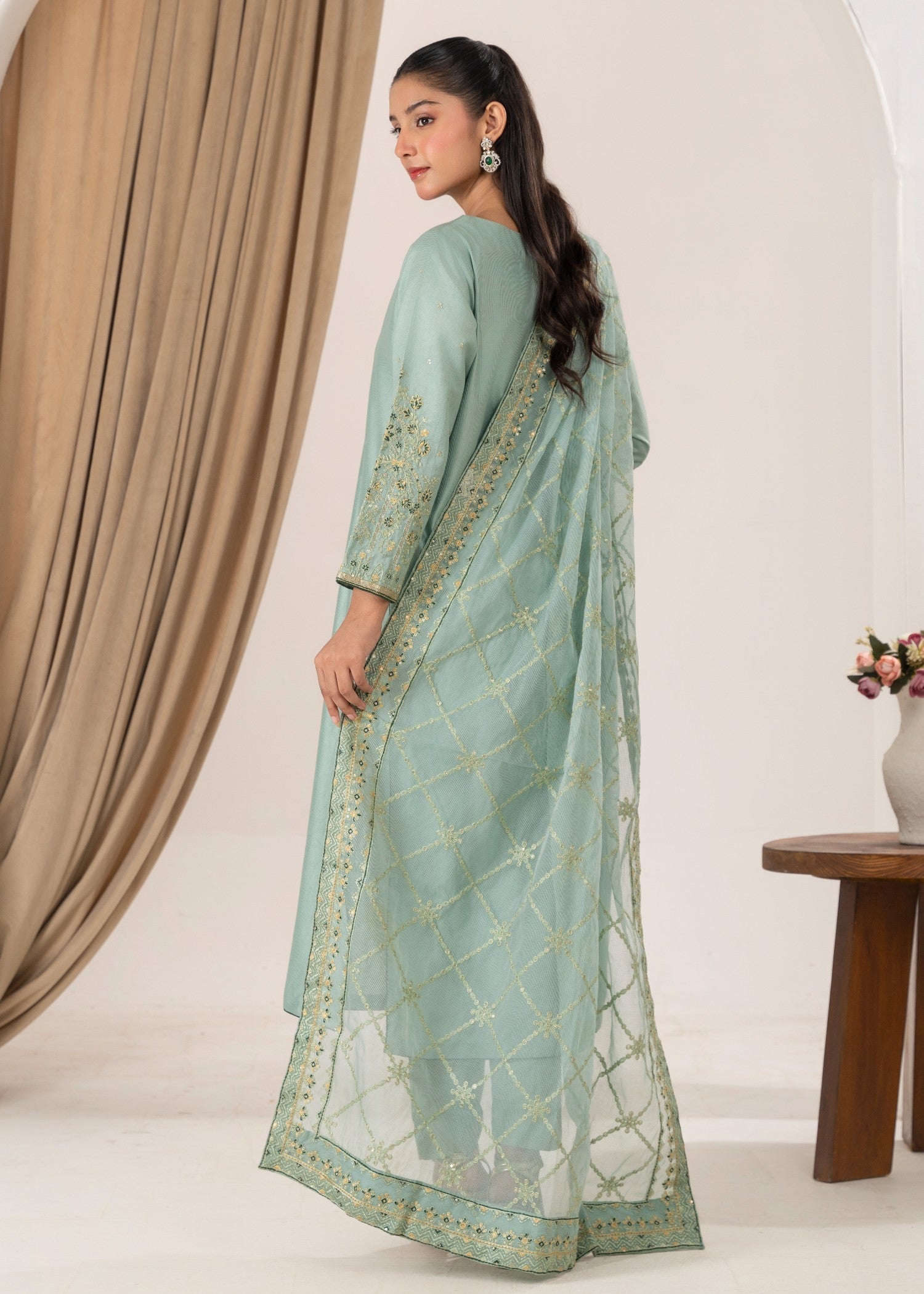chambray Kurta Set in Moss green