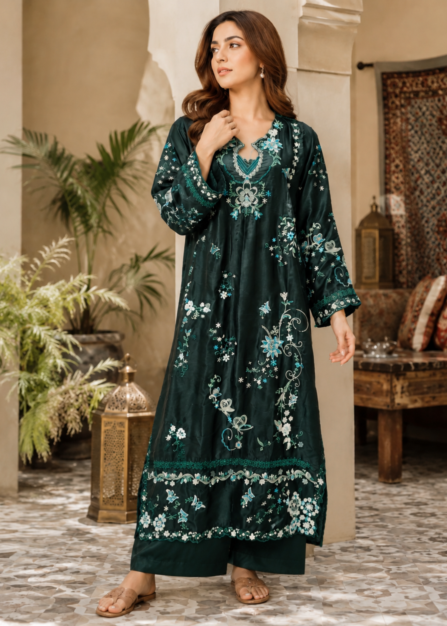 silk charmeuse Kaftan in Bottle green