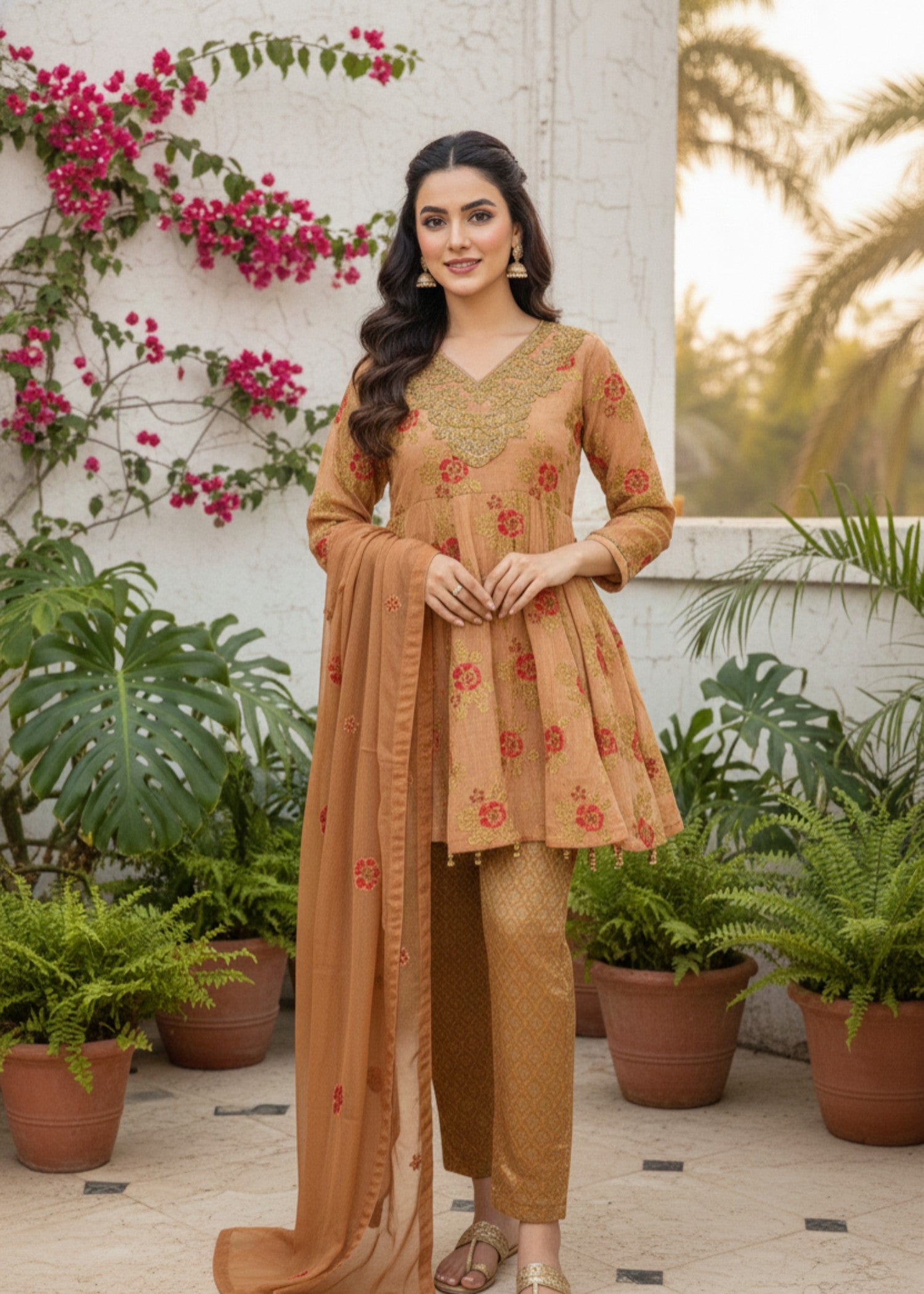 organza Short Frock in Tan brown