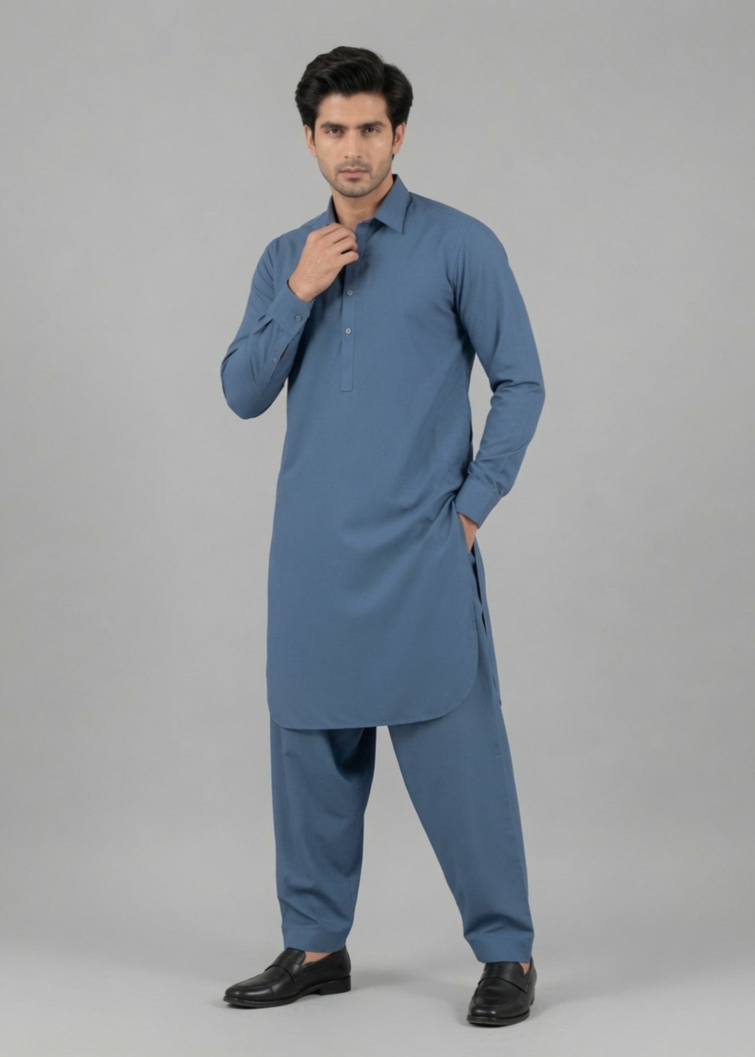 wash & wear Shalwar Kameez in Prussian blue by Hinz