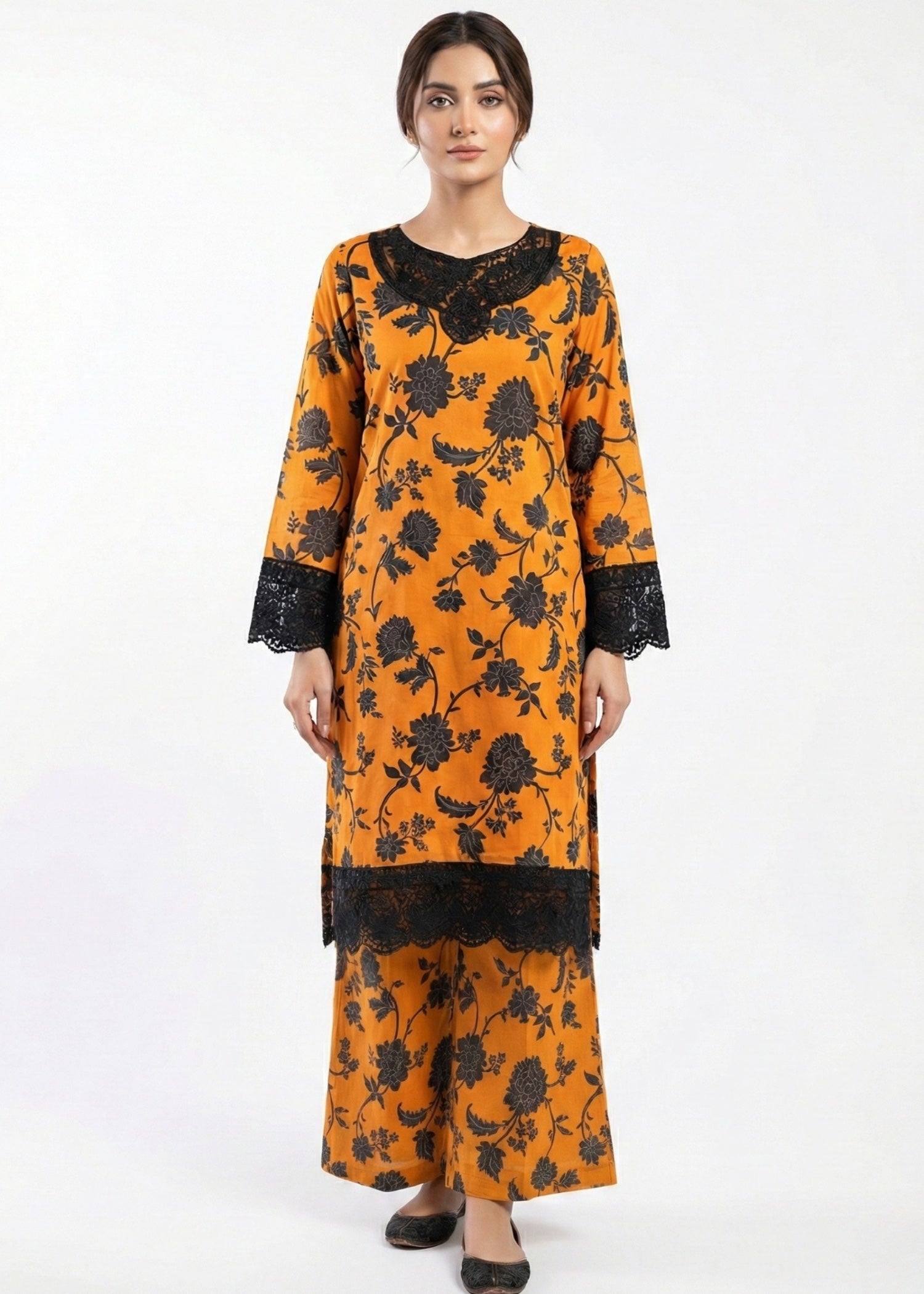 cotton Kurta Set in Black, orange