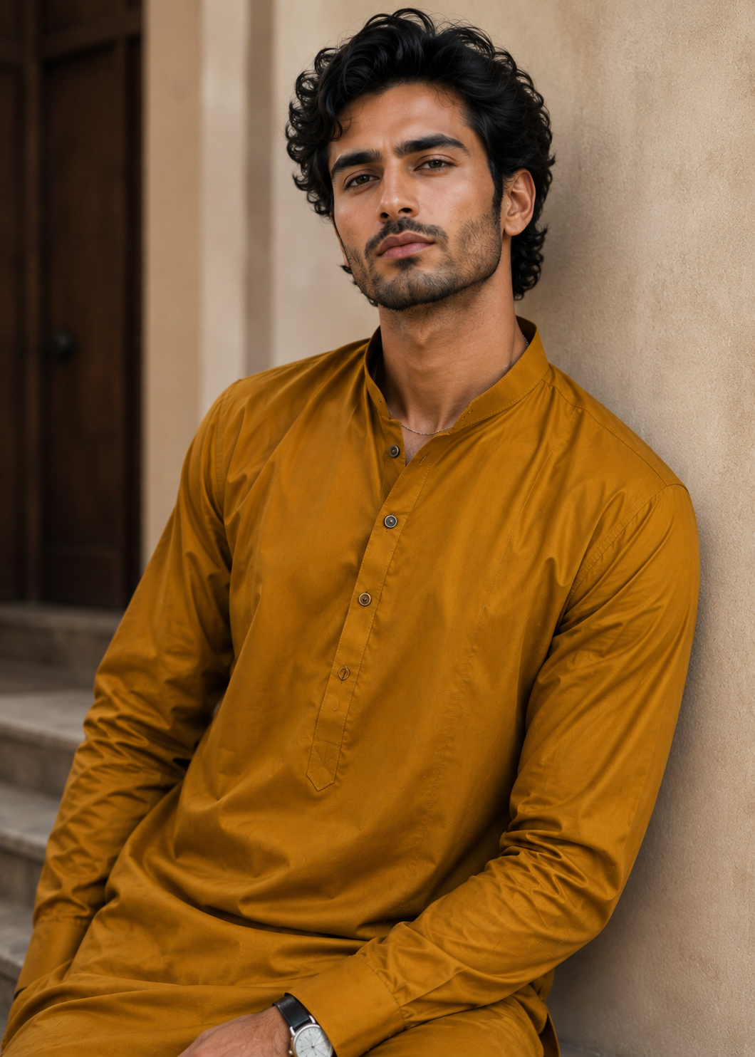 wash & wear Kurta Set in Brown, mustard
