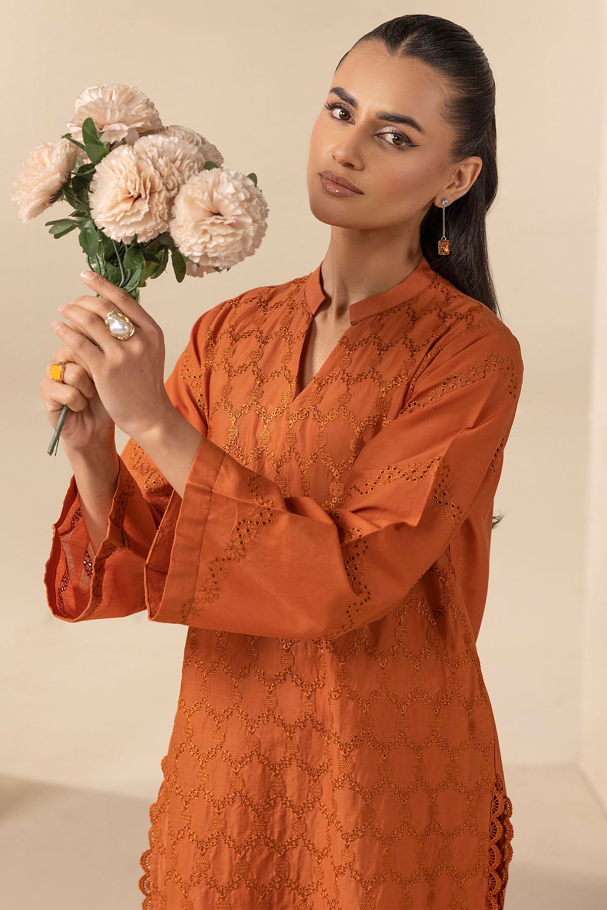 cambric Kurta Set in Tan brown