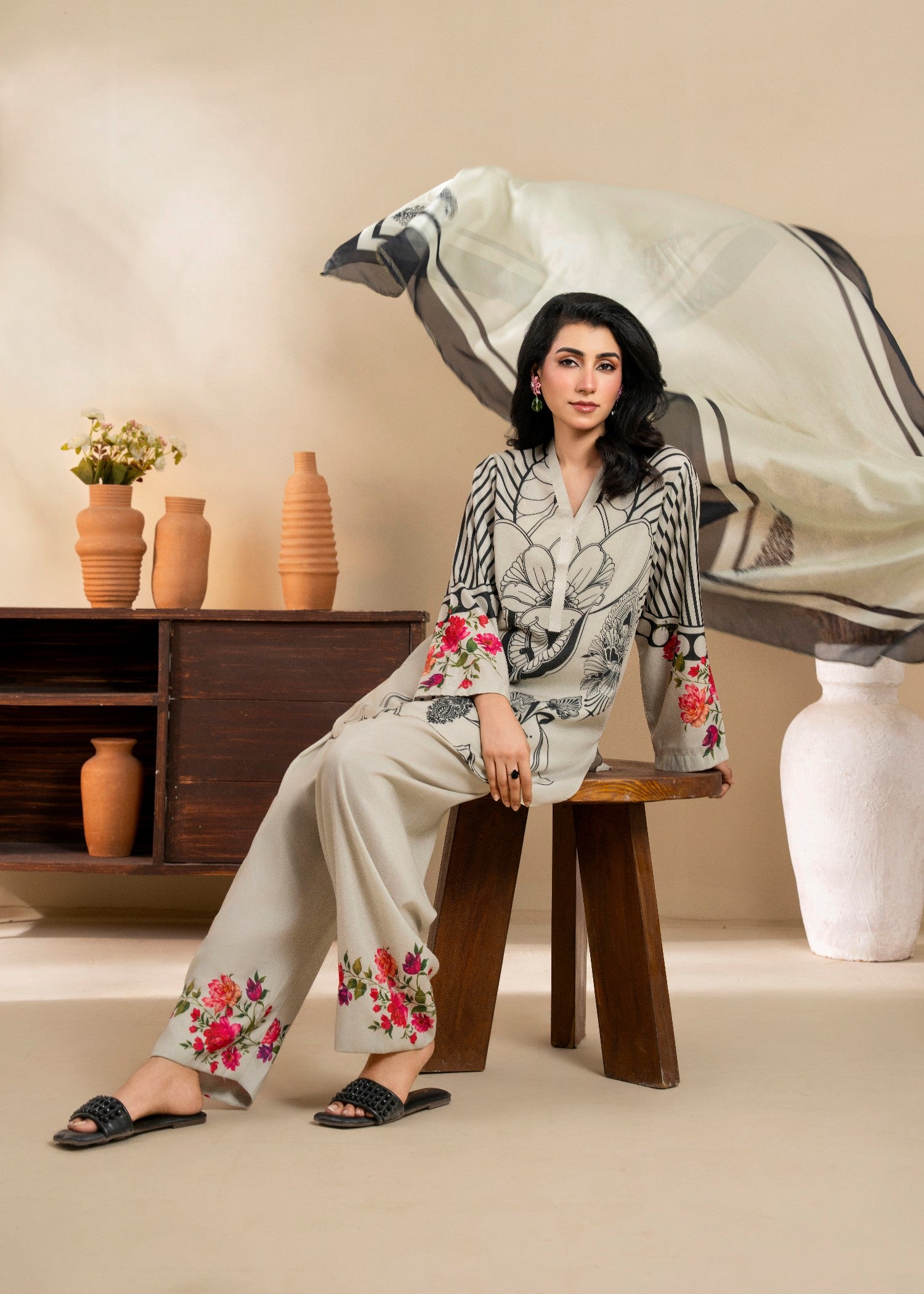 poly lawn Kurta Set in Ash grey