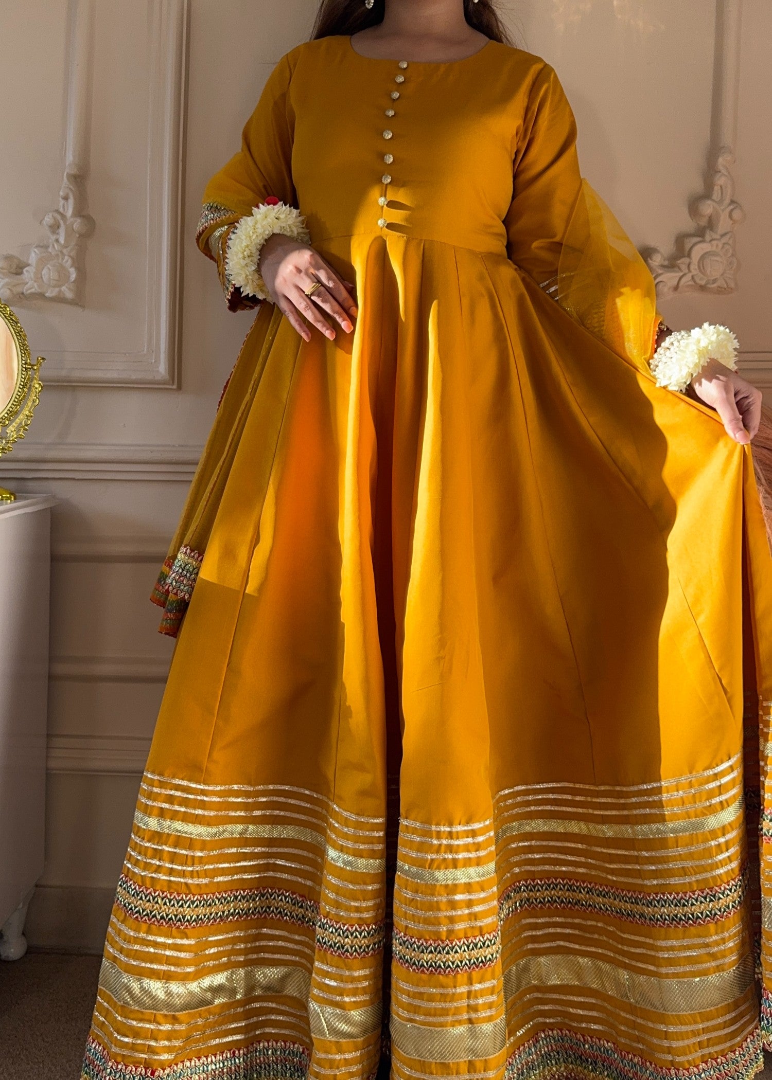 satin silk Anarkali in Mustard