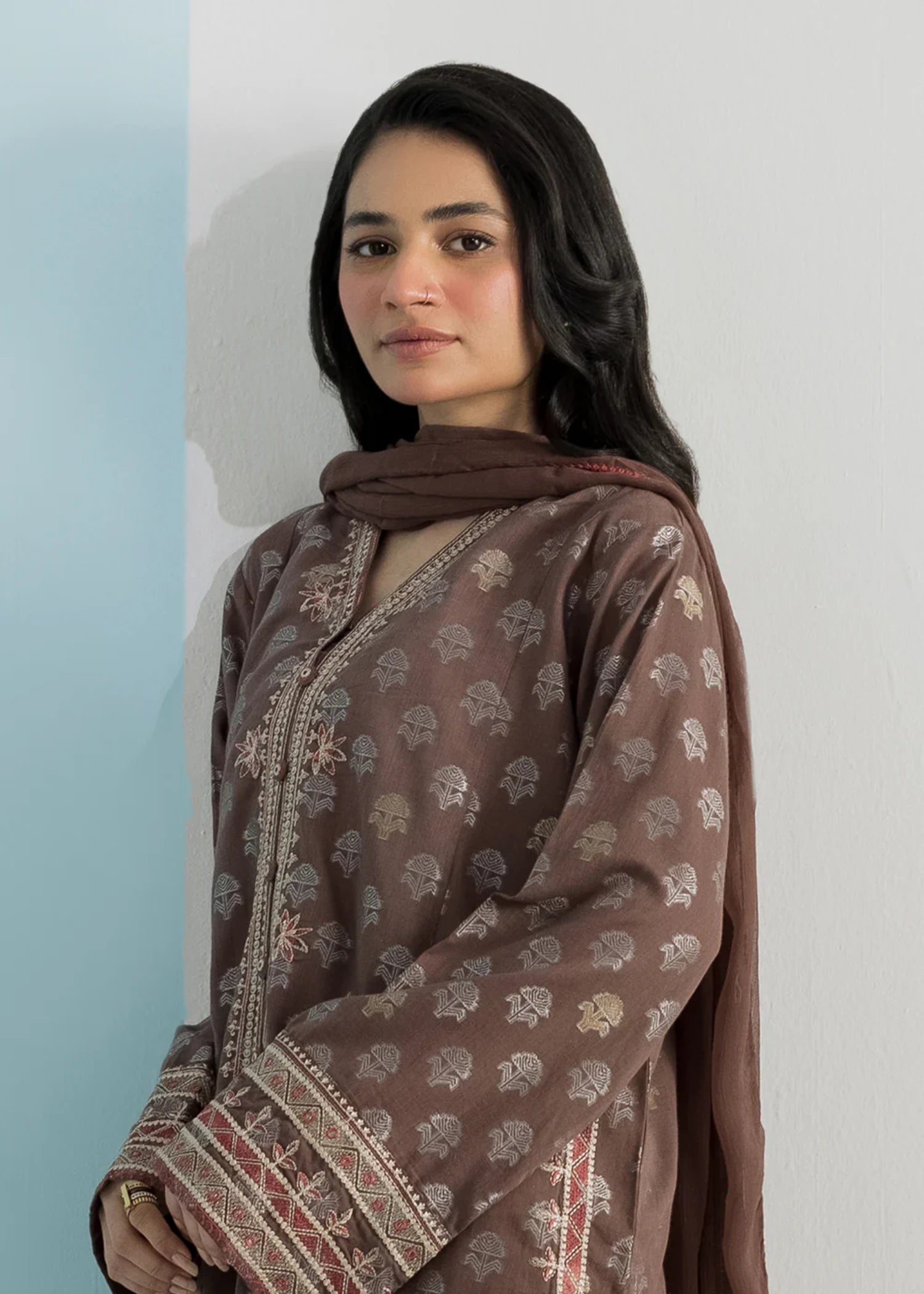 crepe Kurta Set in Brown