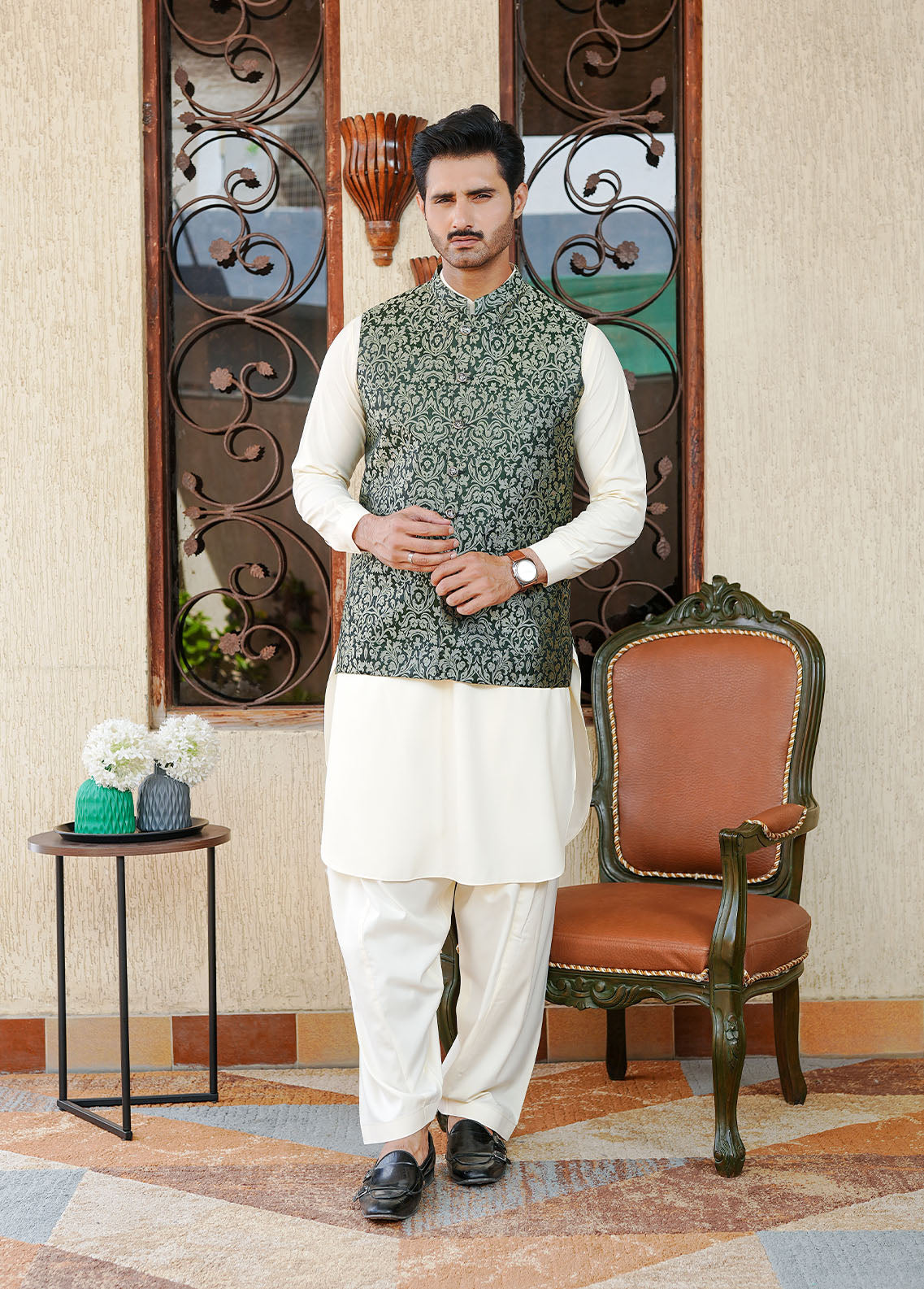 banarasi jamawar Waistcoat in Forest green