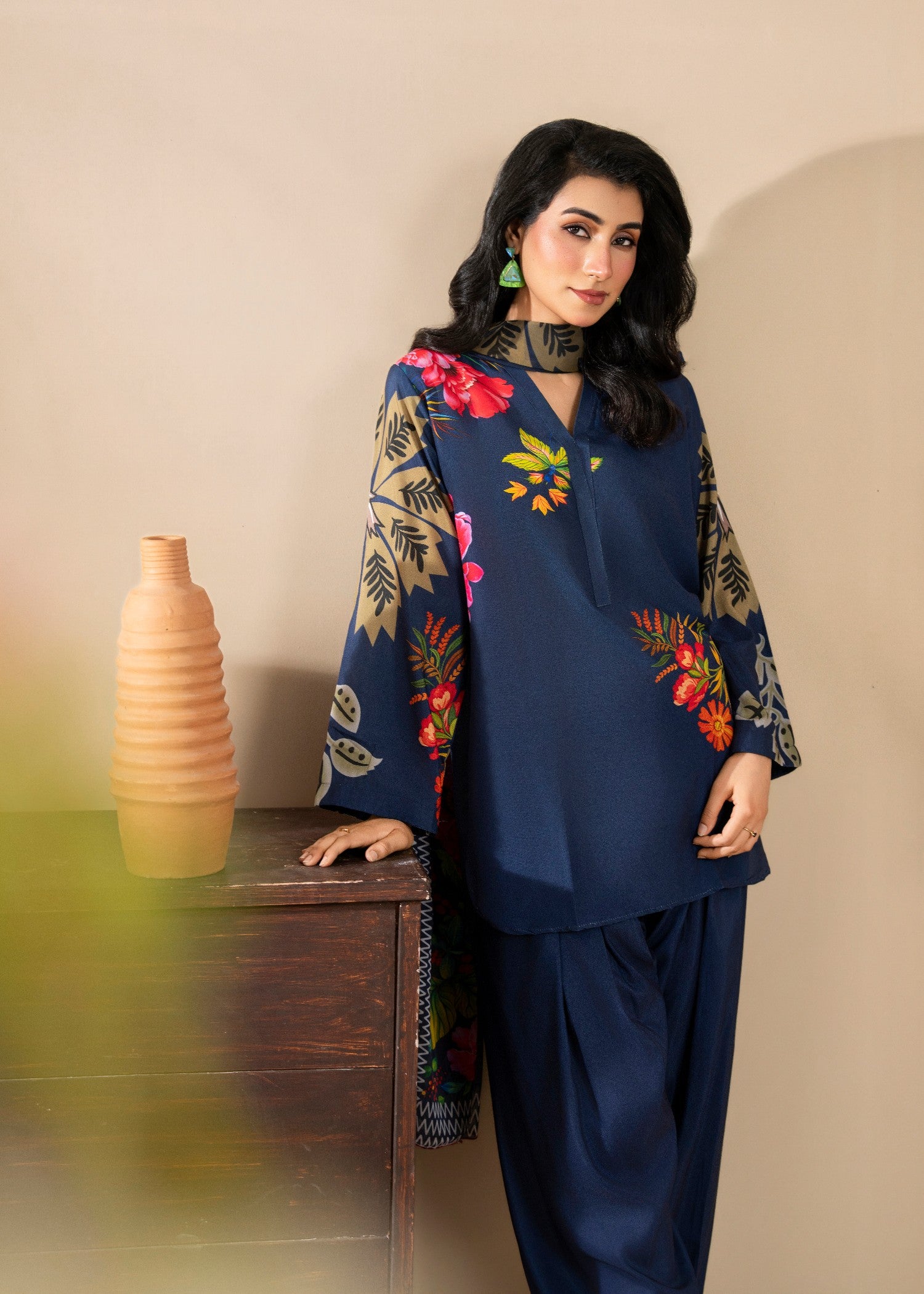 poly lawn Kurta Set in Prussian blue