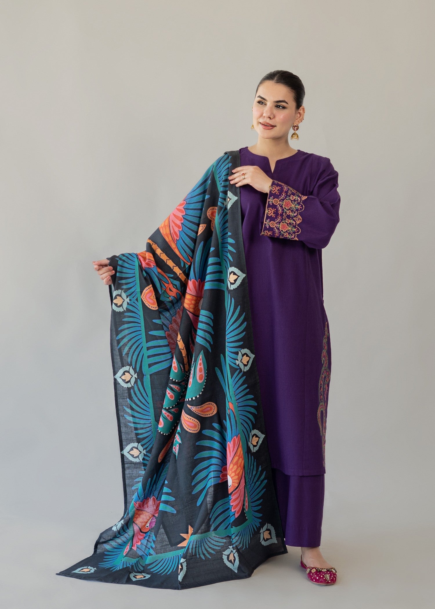 slub khaddar Kurta Set in Purple