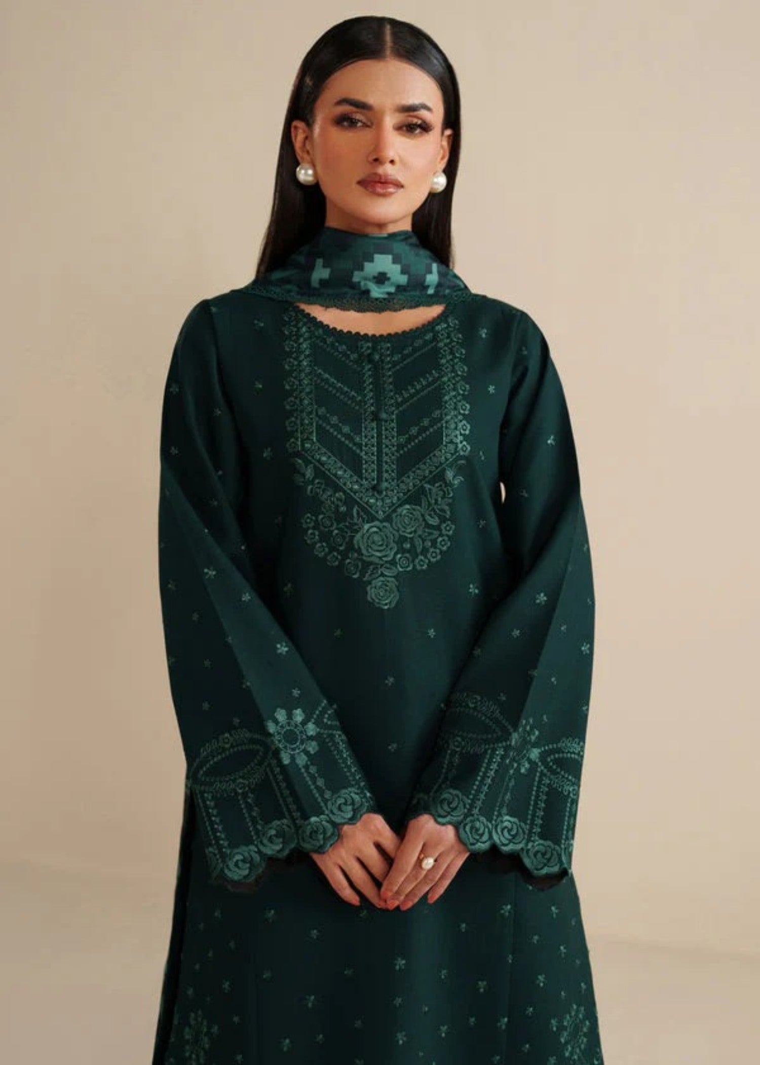 lawn cotton Kurta Set in Hunter green