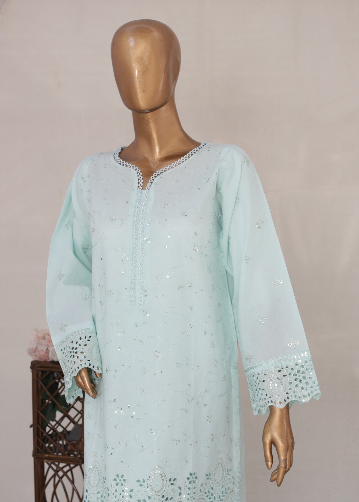 cambric Kurta Set in Light cyan