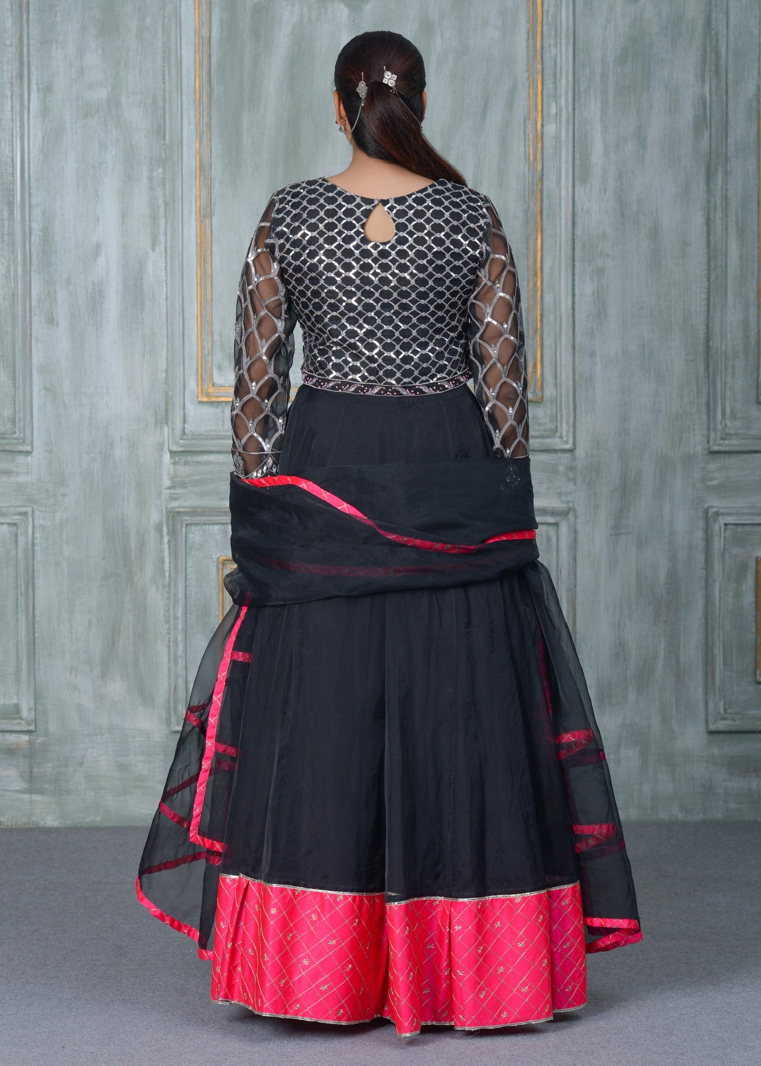 organza Lehenga in Black, hot pink red