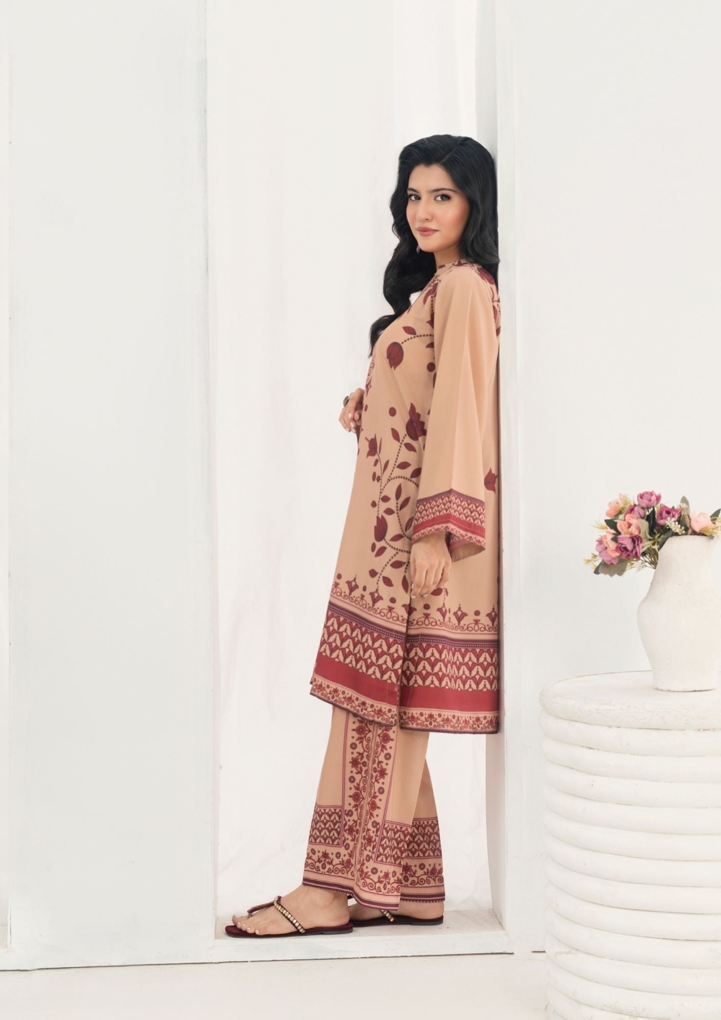 swiss cotton Kurta Set in Camel brown