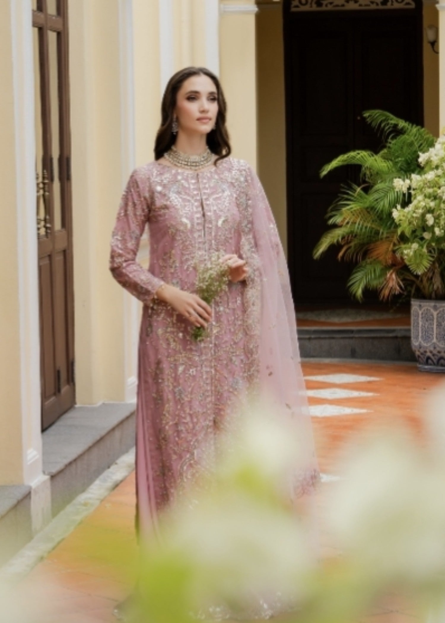 net Lehenga in Tea rose pink