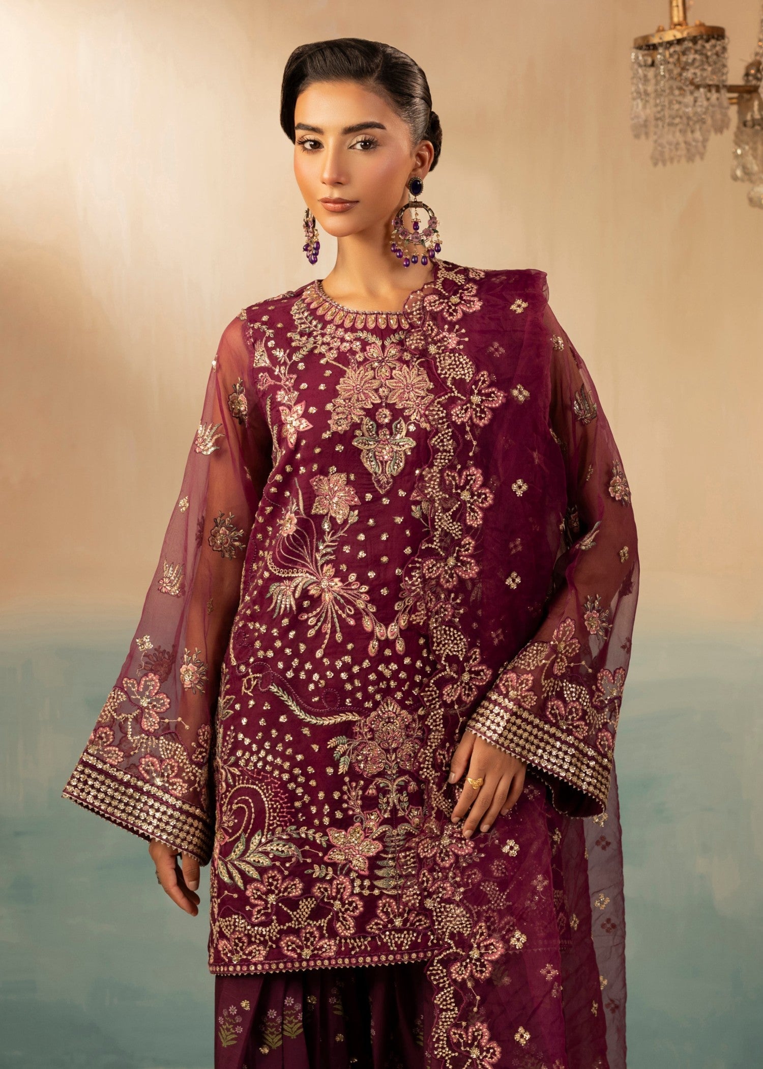 organza Kurta Set in Plum