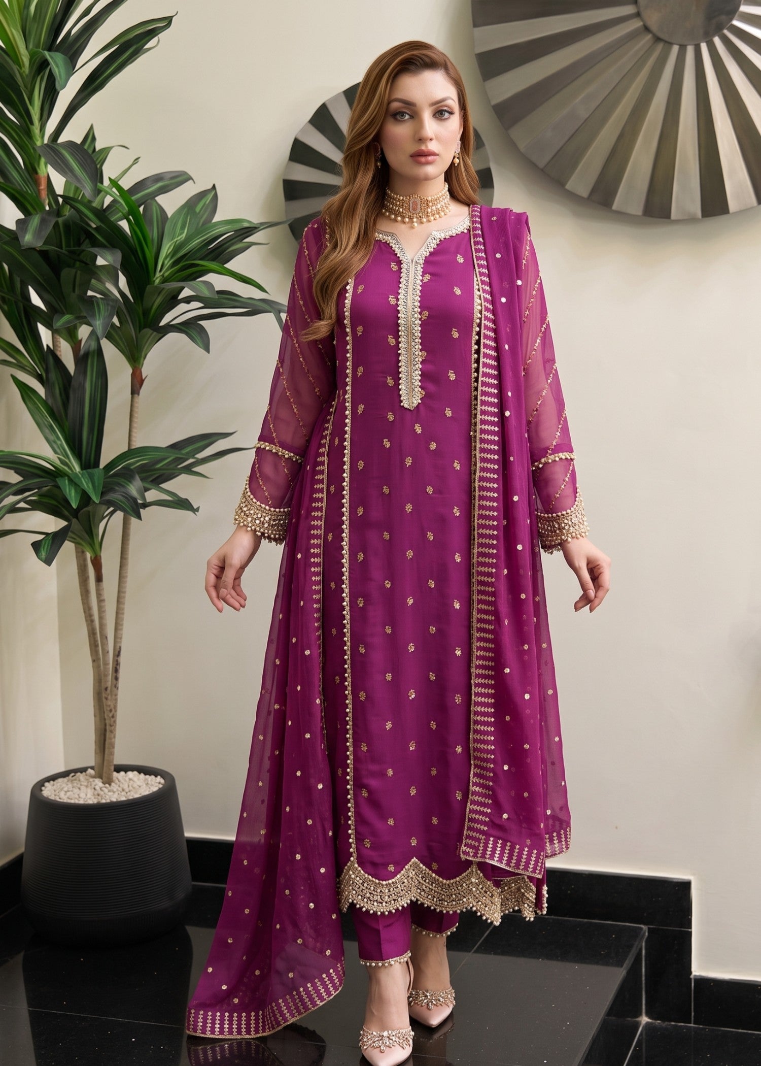 chiffon Pishwas in Mauve