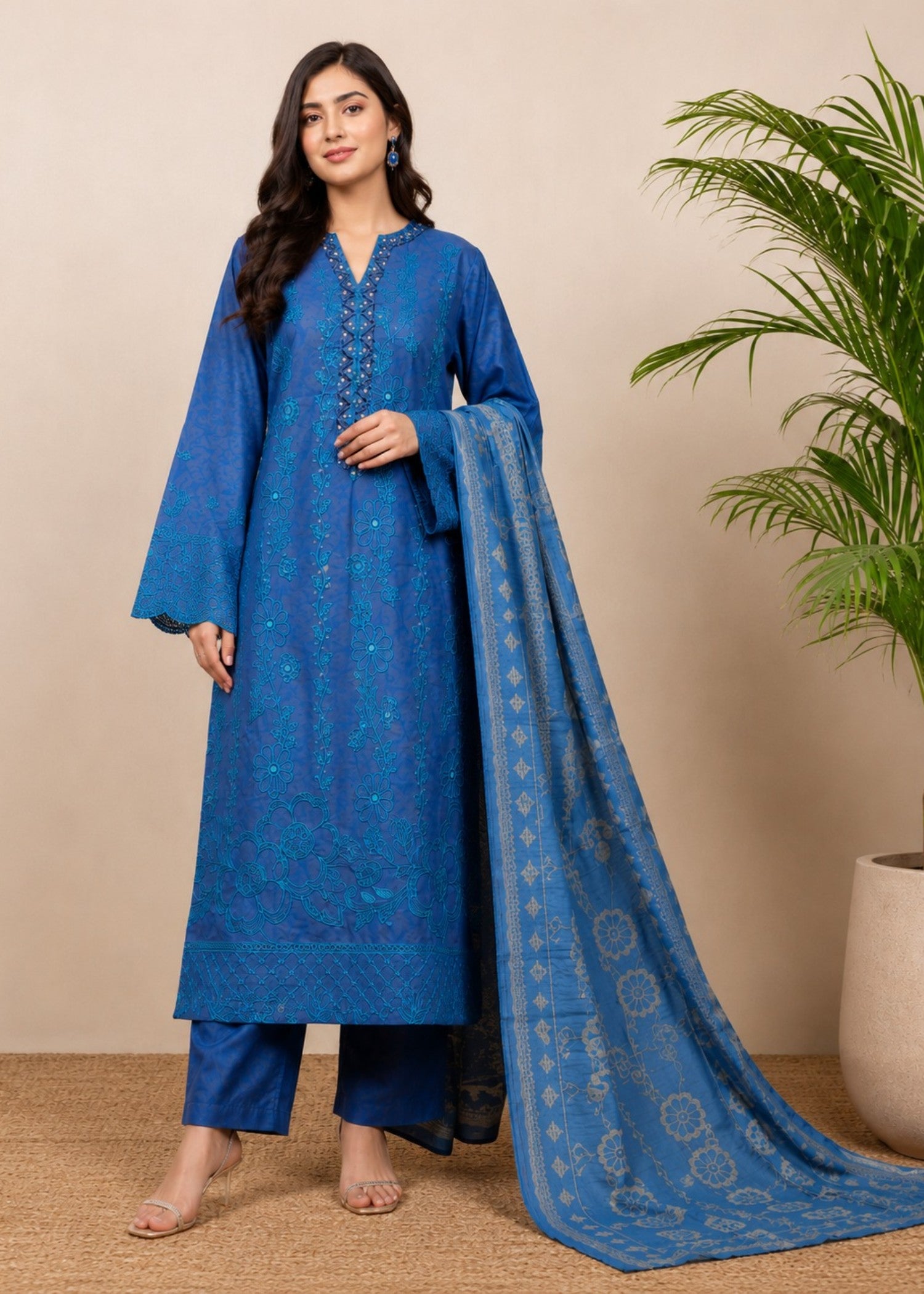 lawn cotton Kurta Set in Carolina blue