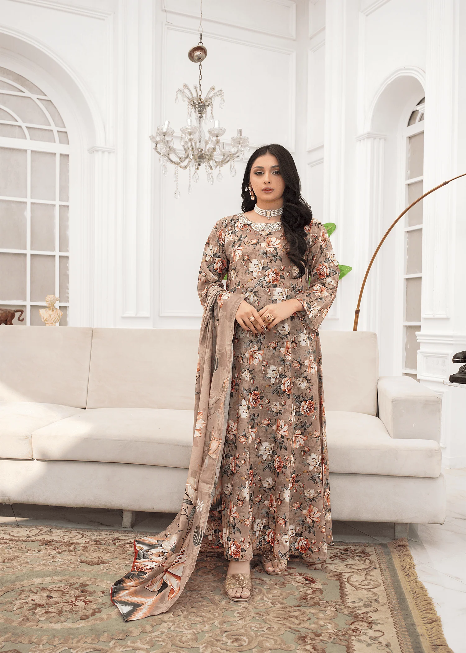 lawn Pishwas in Dark brown
