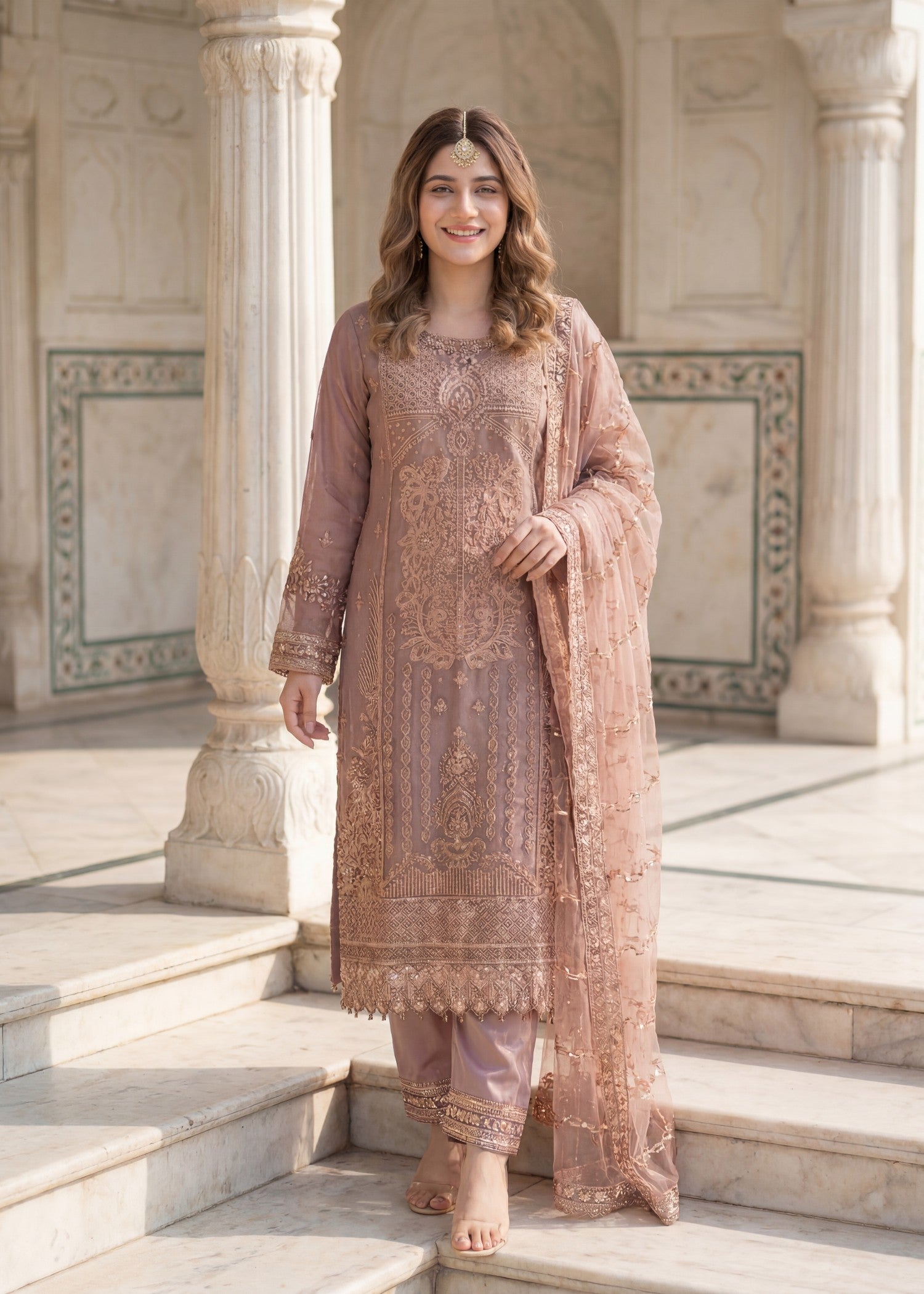 net Kurta Set in Almond brown