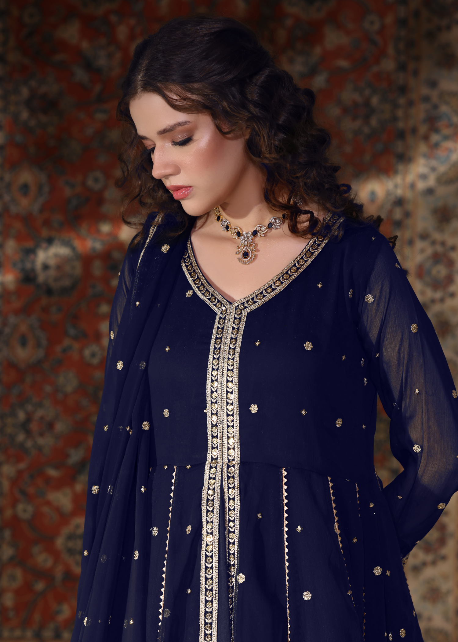 chiffon Pishwas in Navy blue