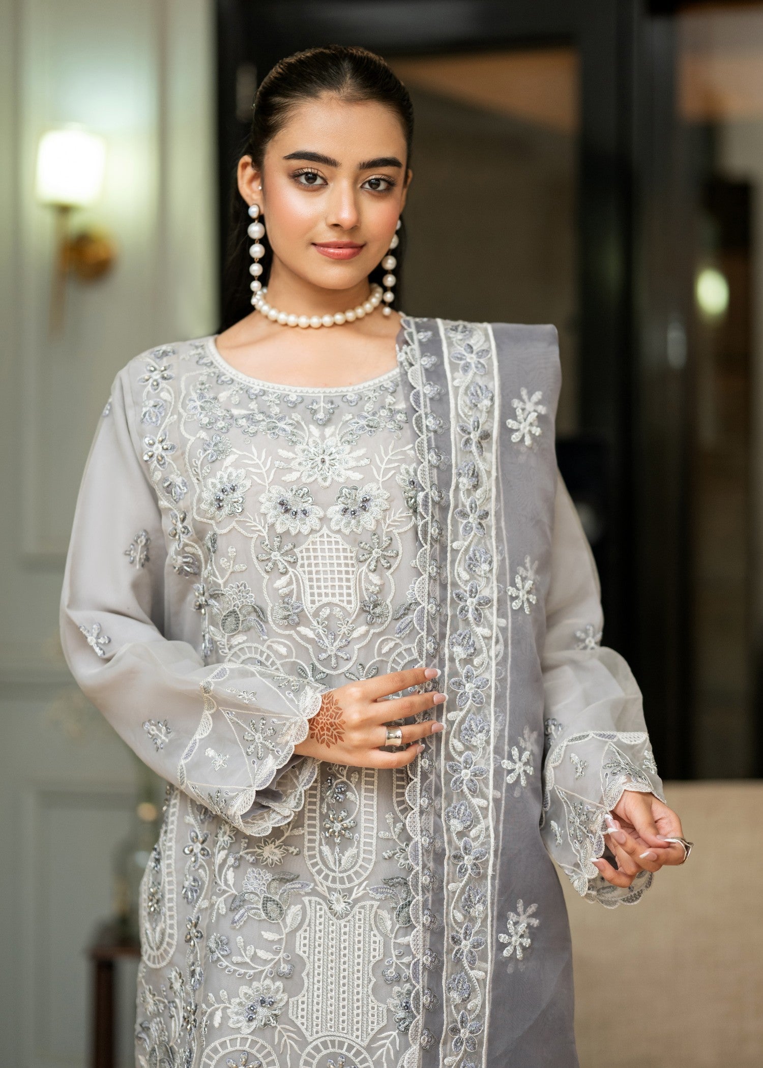 organza Kurta Set in Grey