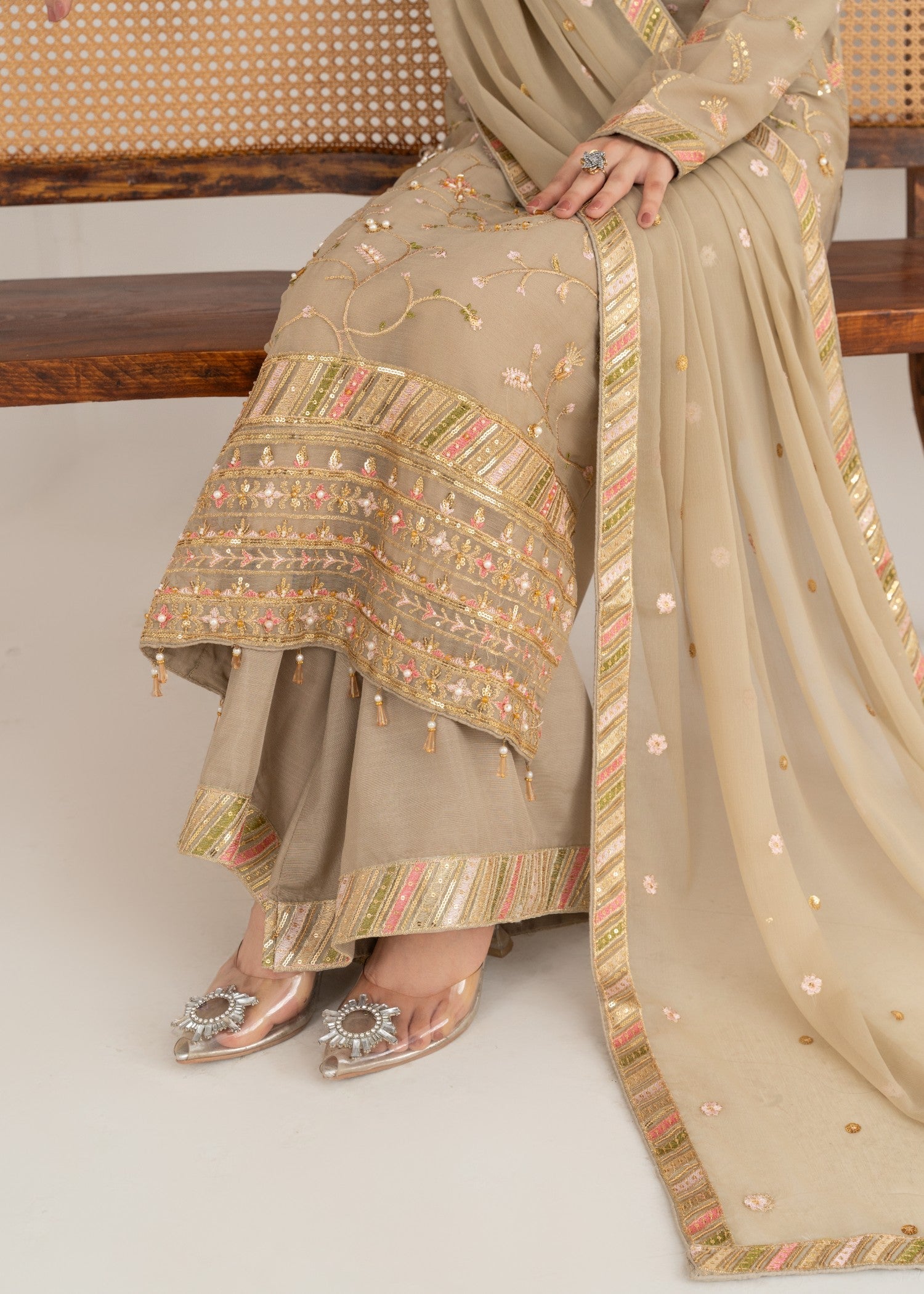 crinkle chiffon Kurta Set in Beige