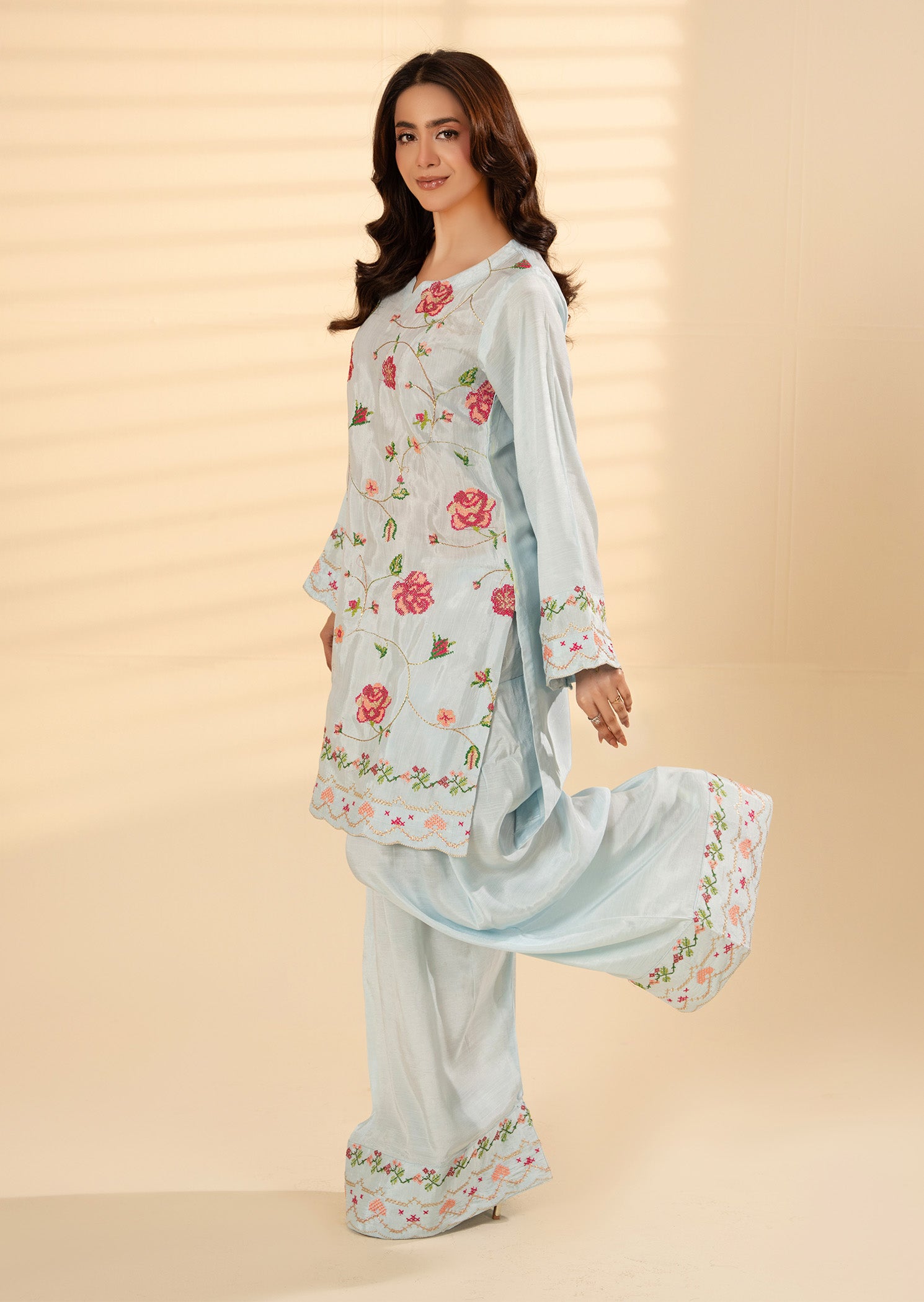 viscose raw silk Kurta Set in Ice blue