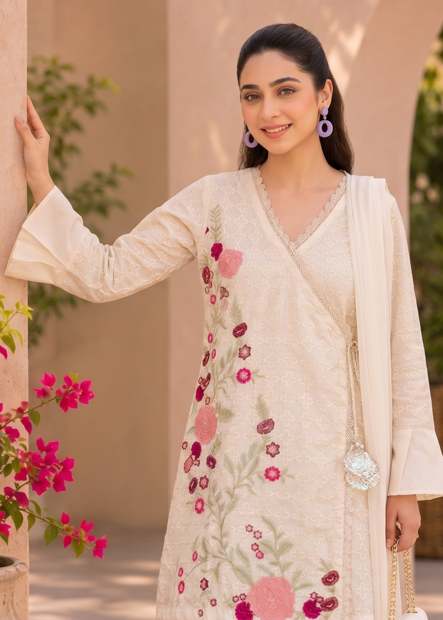 cotton crepe Angrakha in Ivory