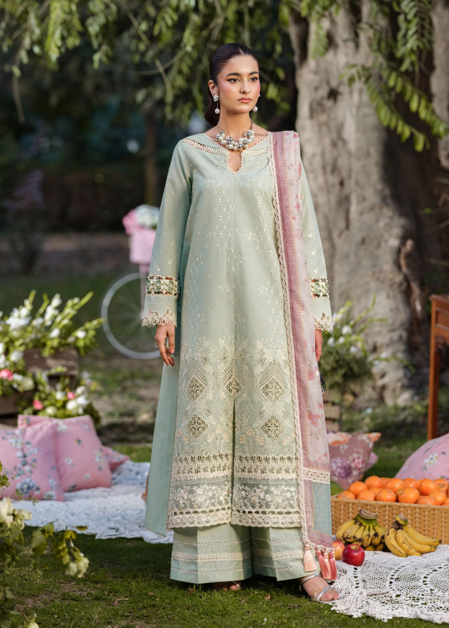 lawn Kurta Set in Moss green