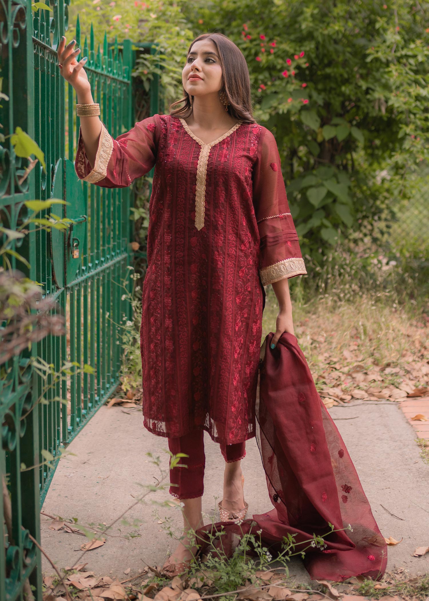 net Kurta Set in Maroon