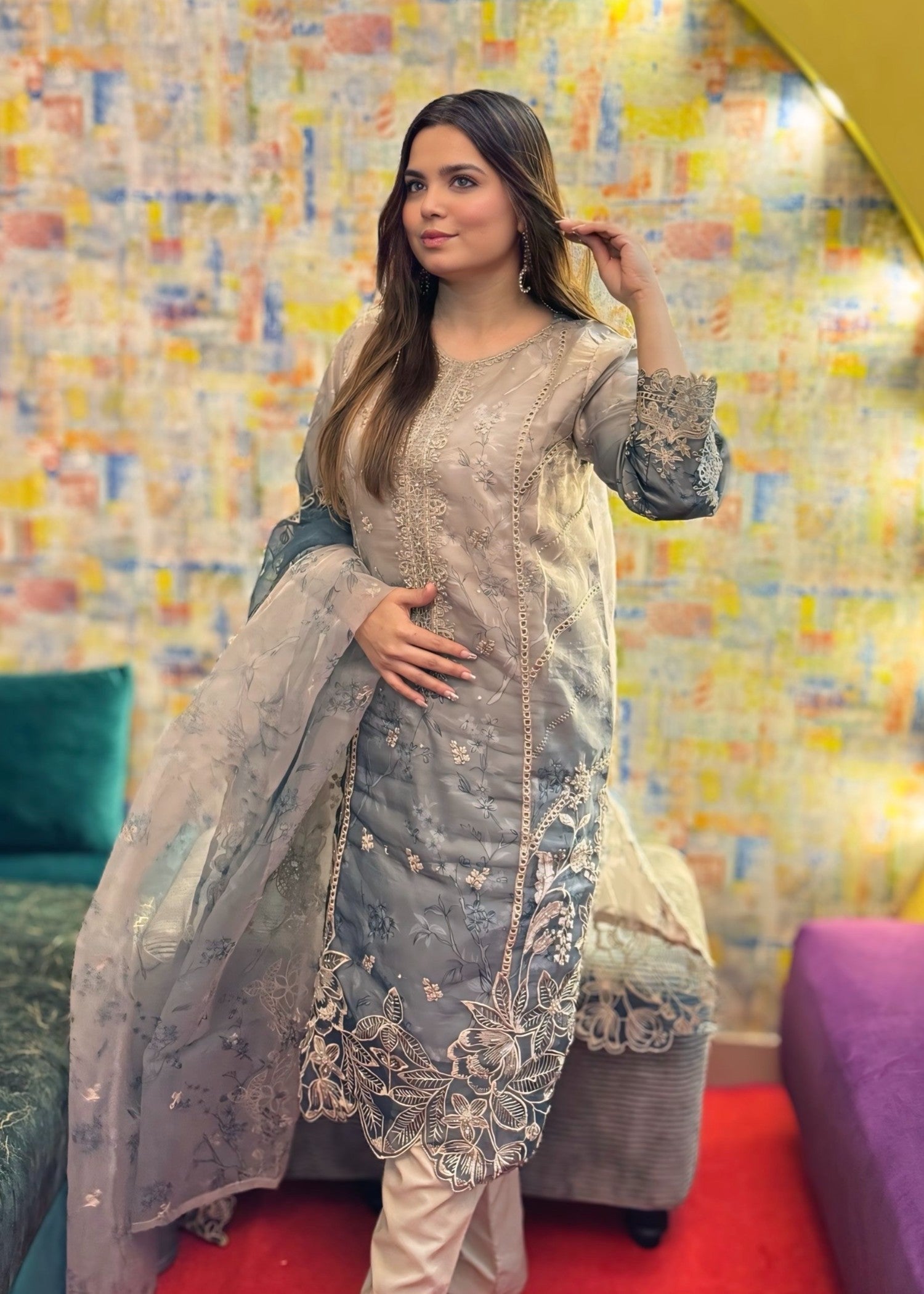 organza Kurta Set in Ash grey, grey