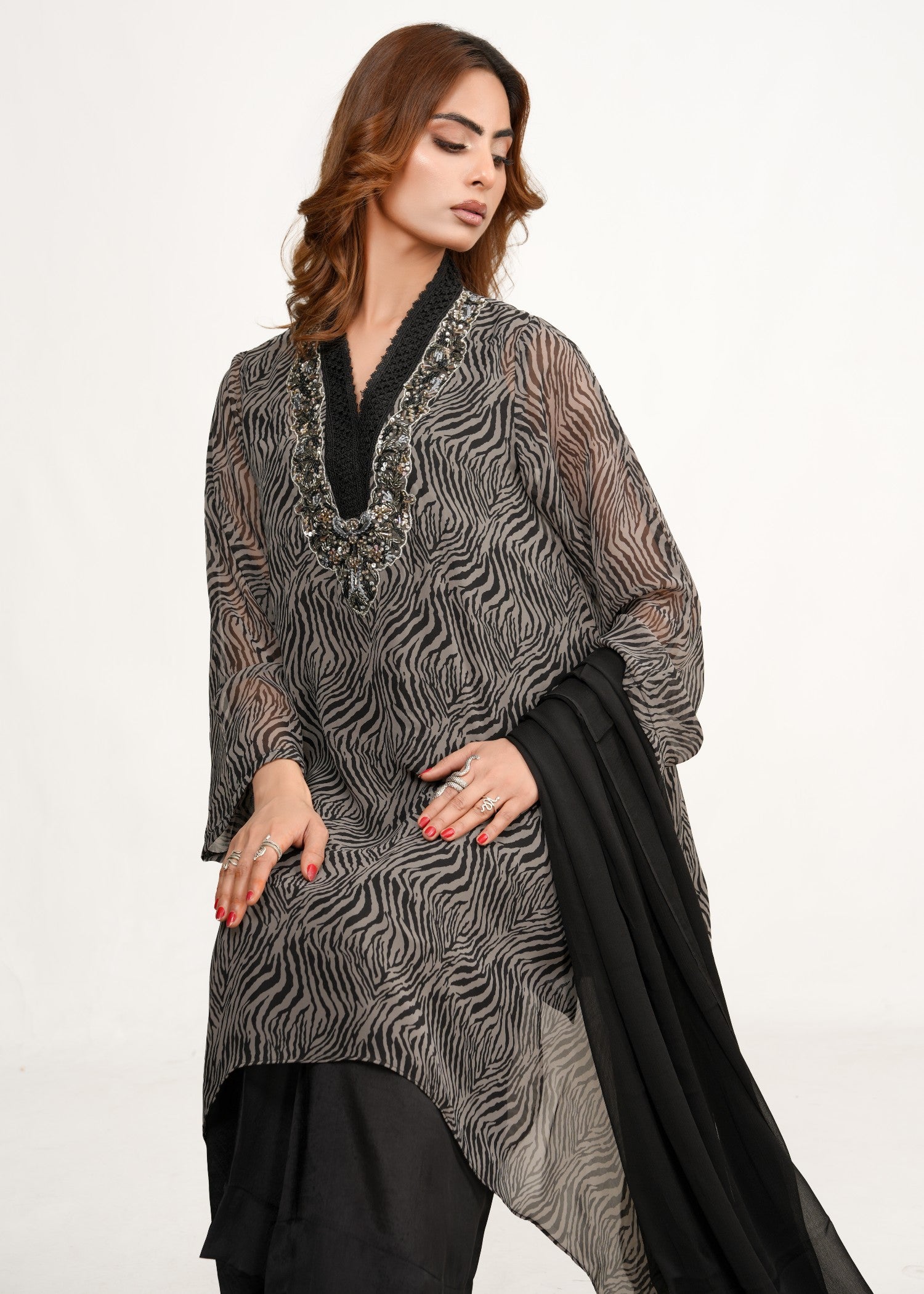 chiffon Kaftan in Grey, charcoal