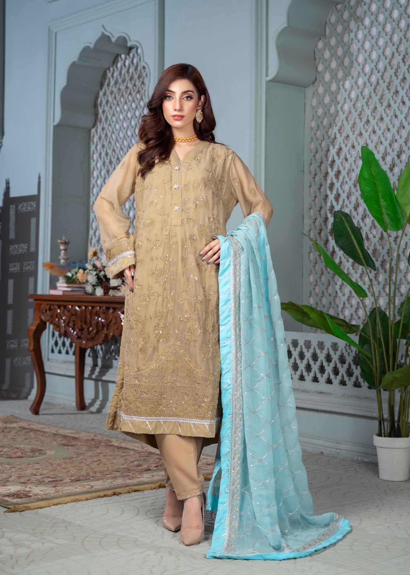 chiffon Kurta Set in Sand brown