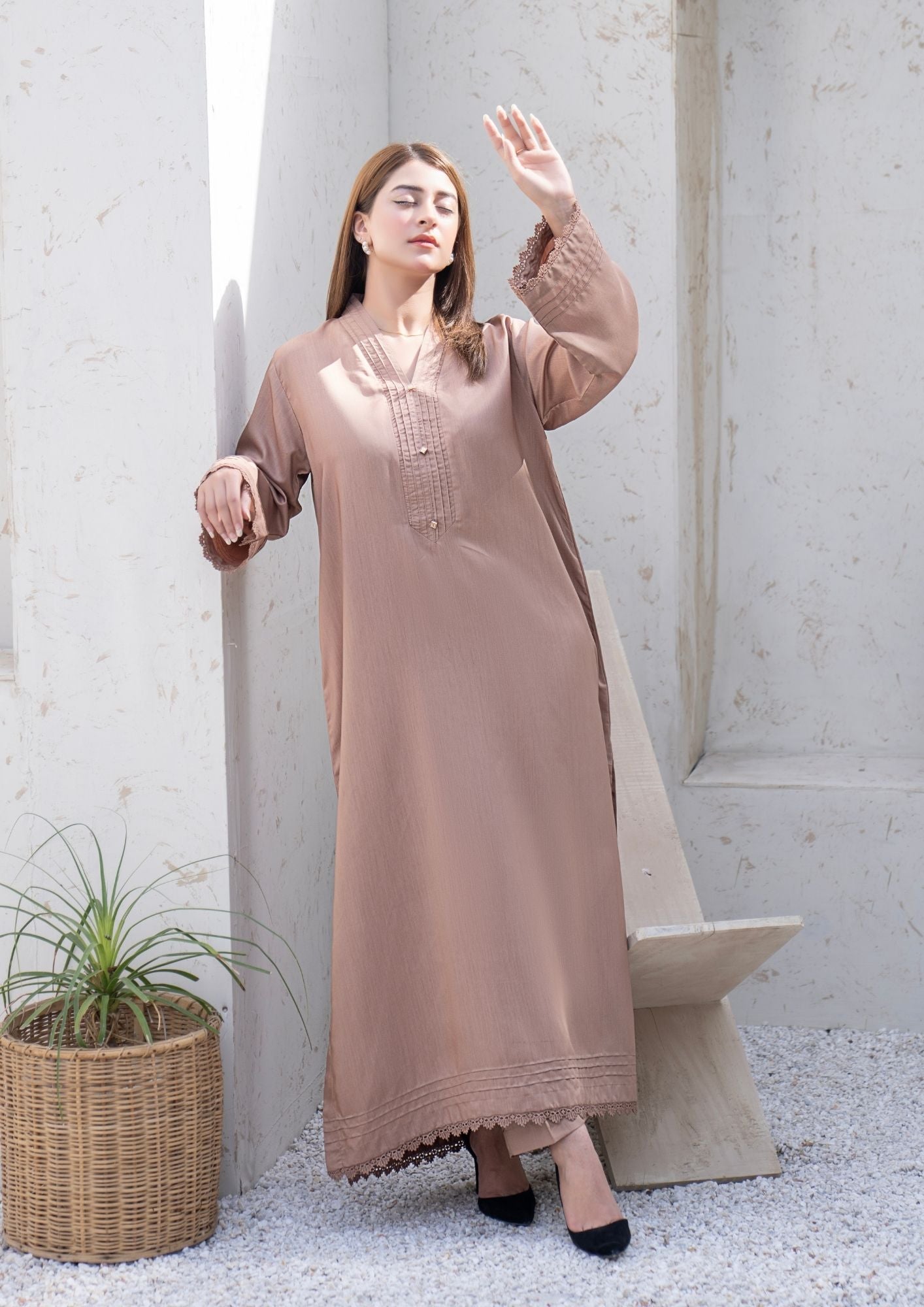 viscose raw silk Kurta Set in Camel brown