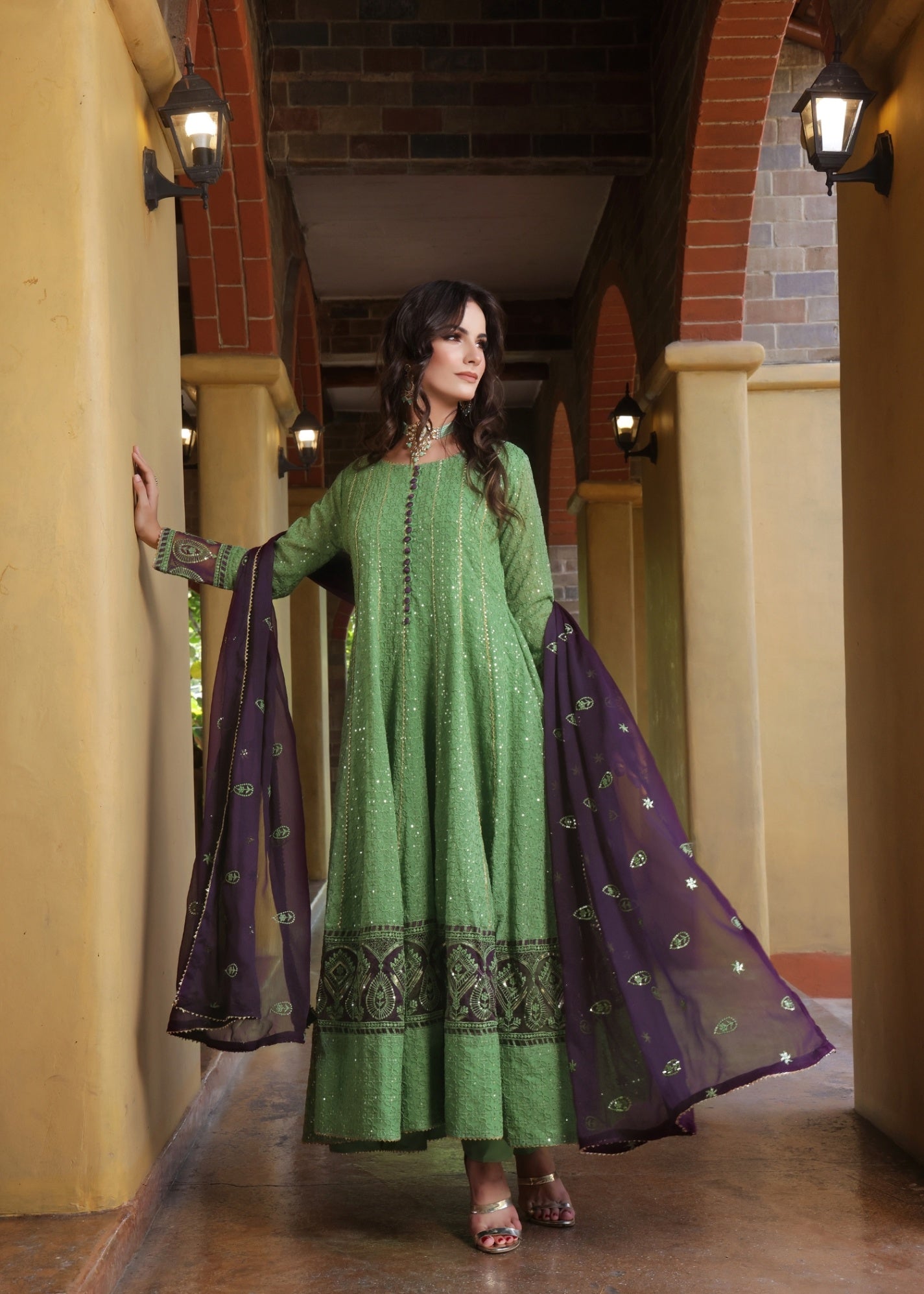 chiffon Pishwas in Pistachio green