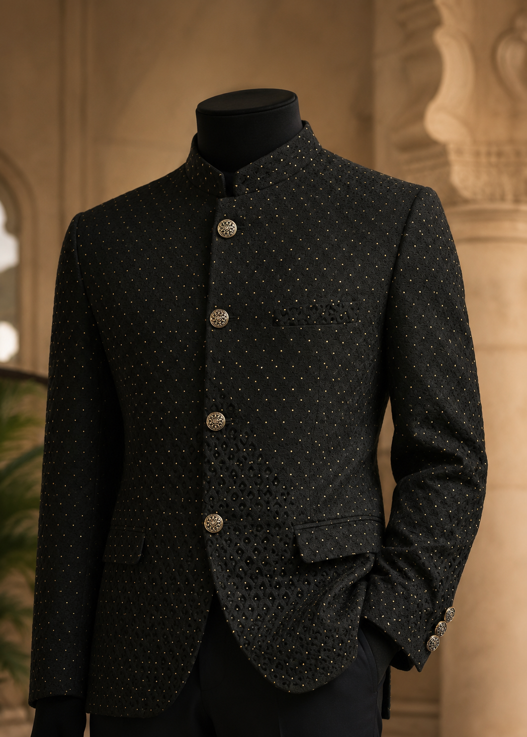 jamawar Prince Coat in Black by Dress Designers