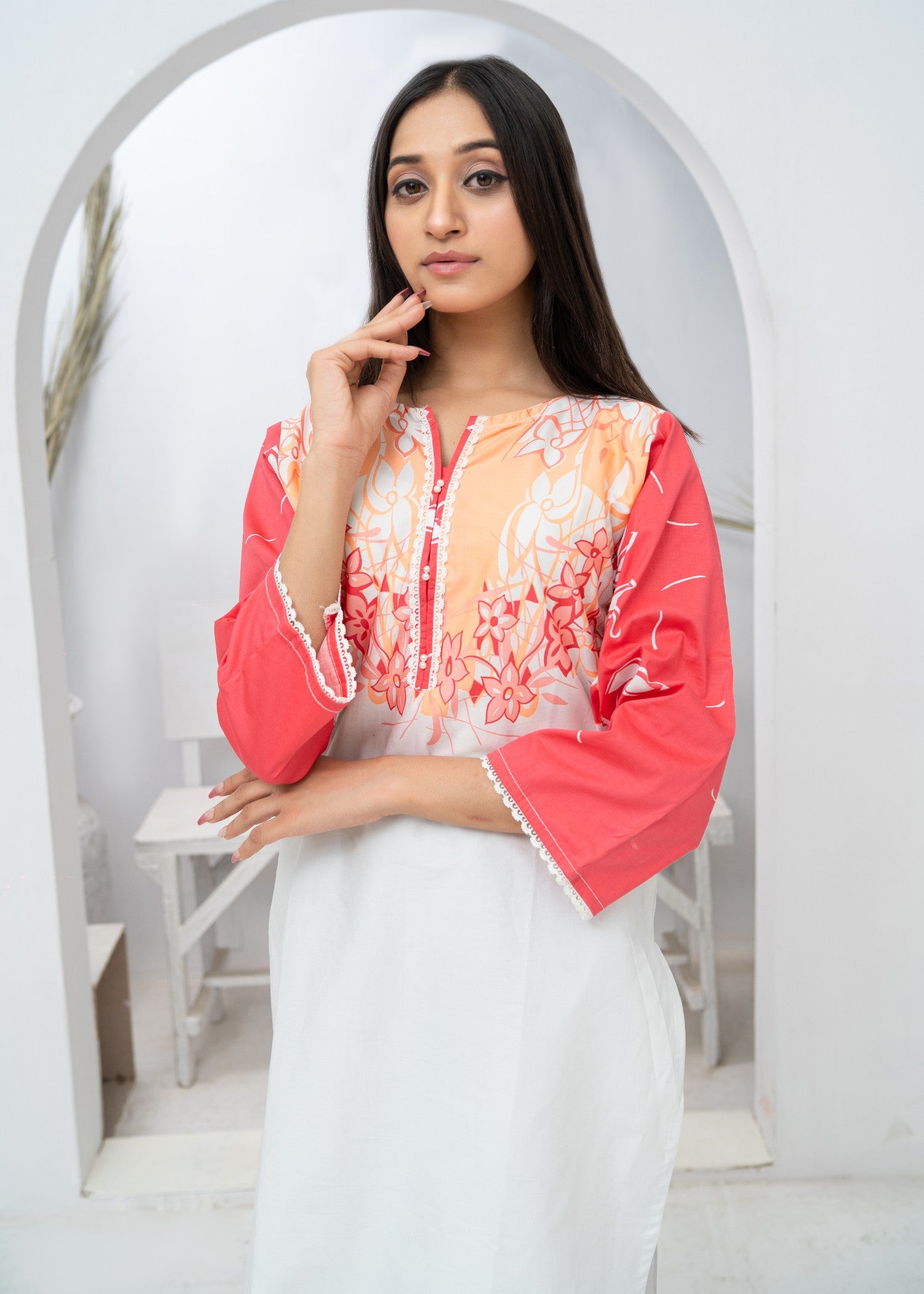cotton Kurta Set in White, hot pink red
