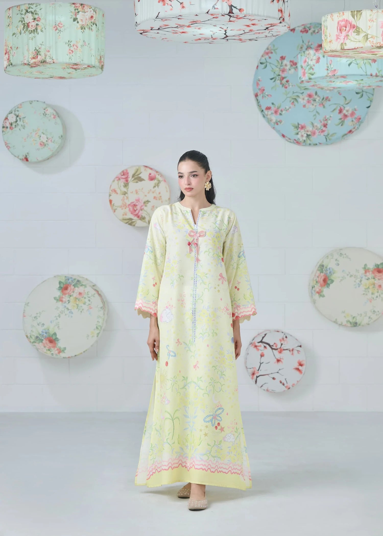 raw silk Kaftan in Light yellow