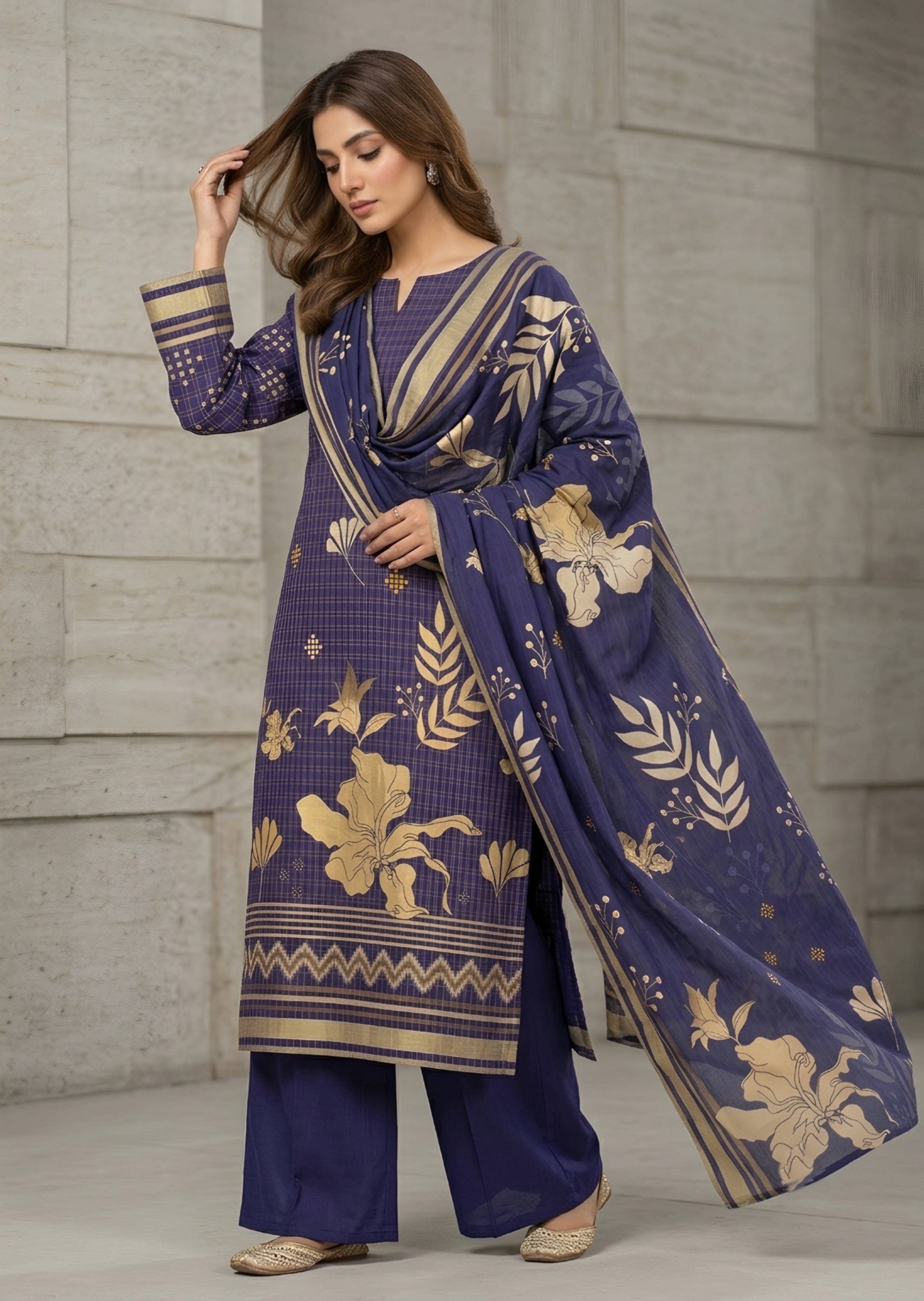 khaddar Unstitched in Navy blue