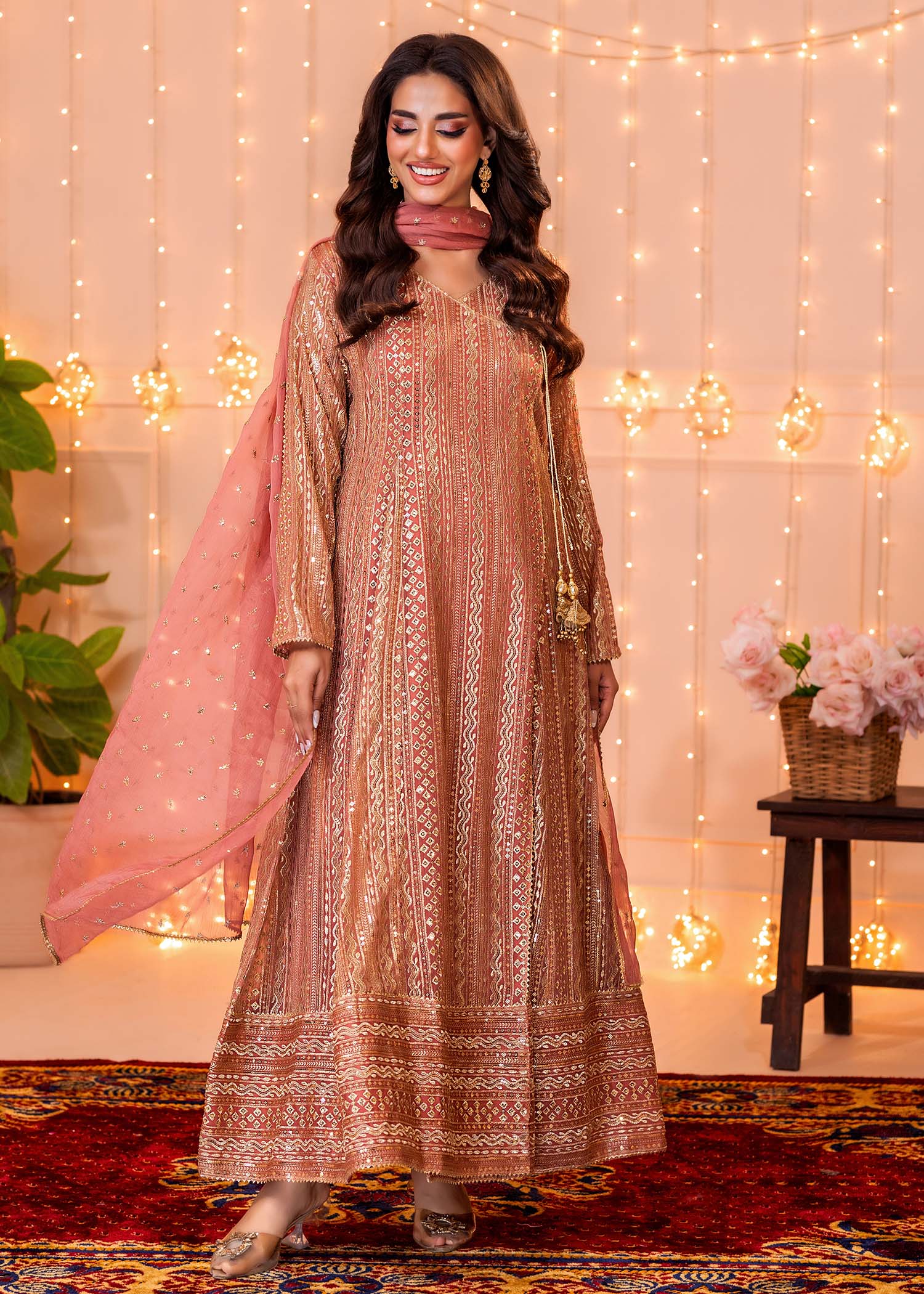 chiffon Angrakha in Coral pink